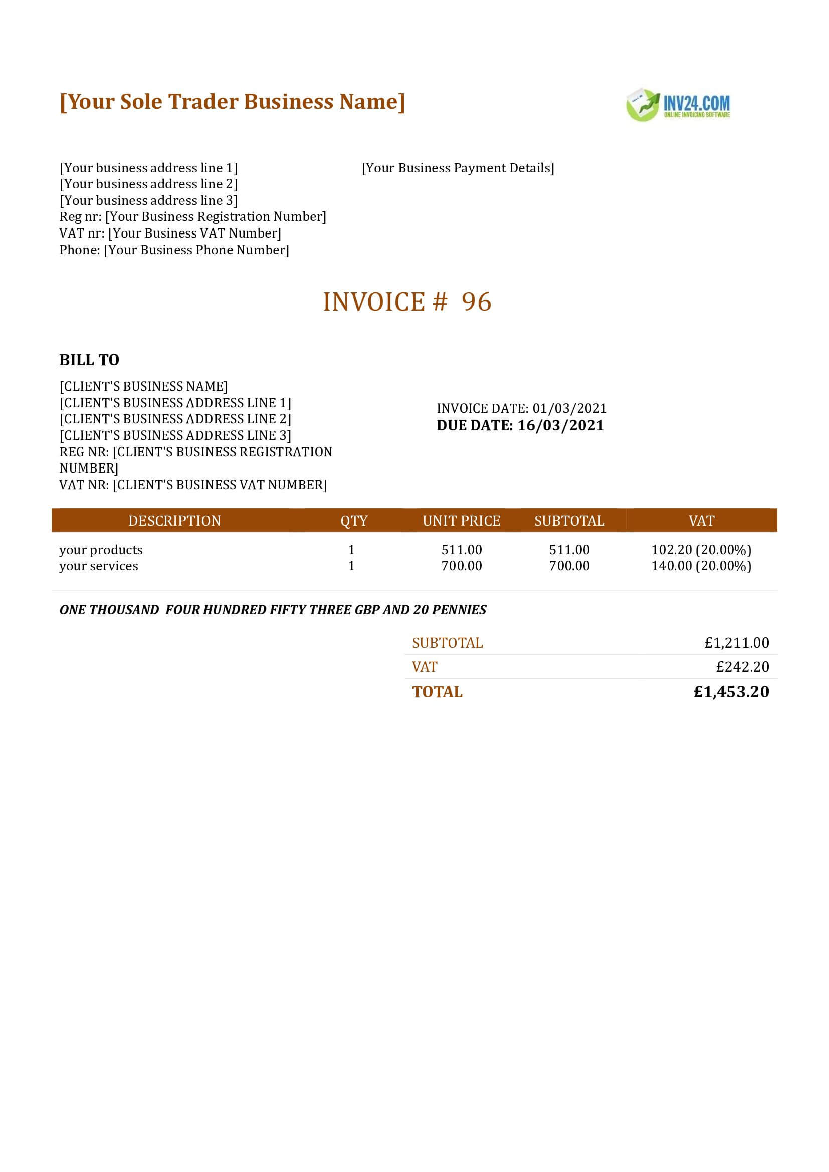 sole trader invoice template uk sole trader invoice template uk