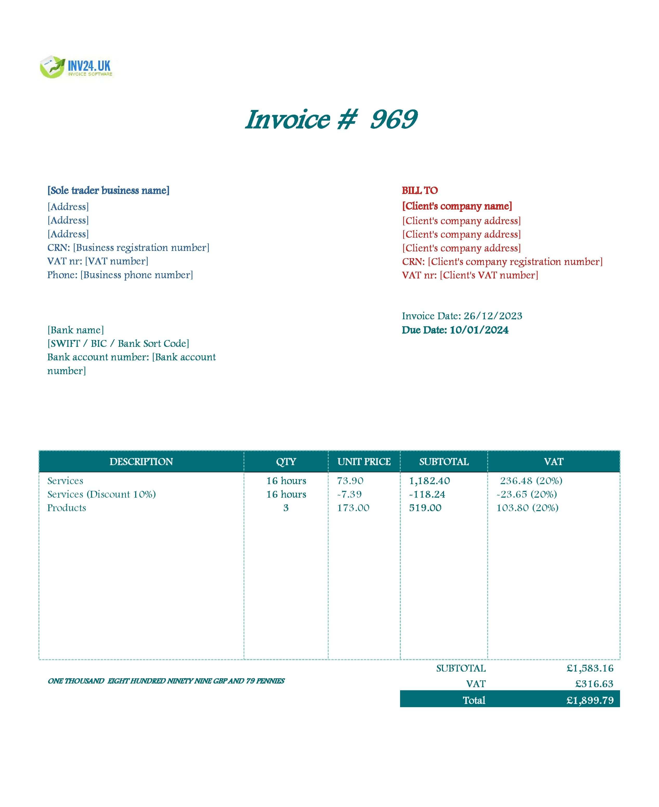 sole trader invoice template UK XLS