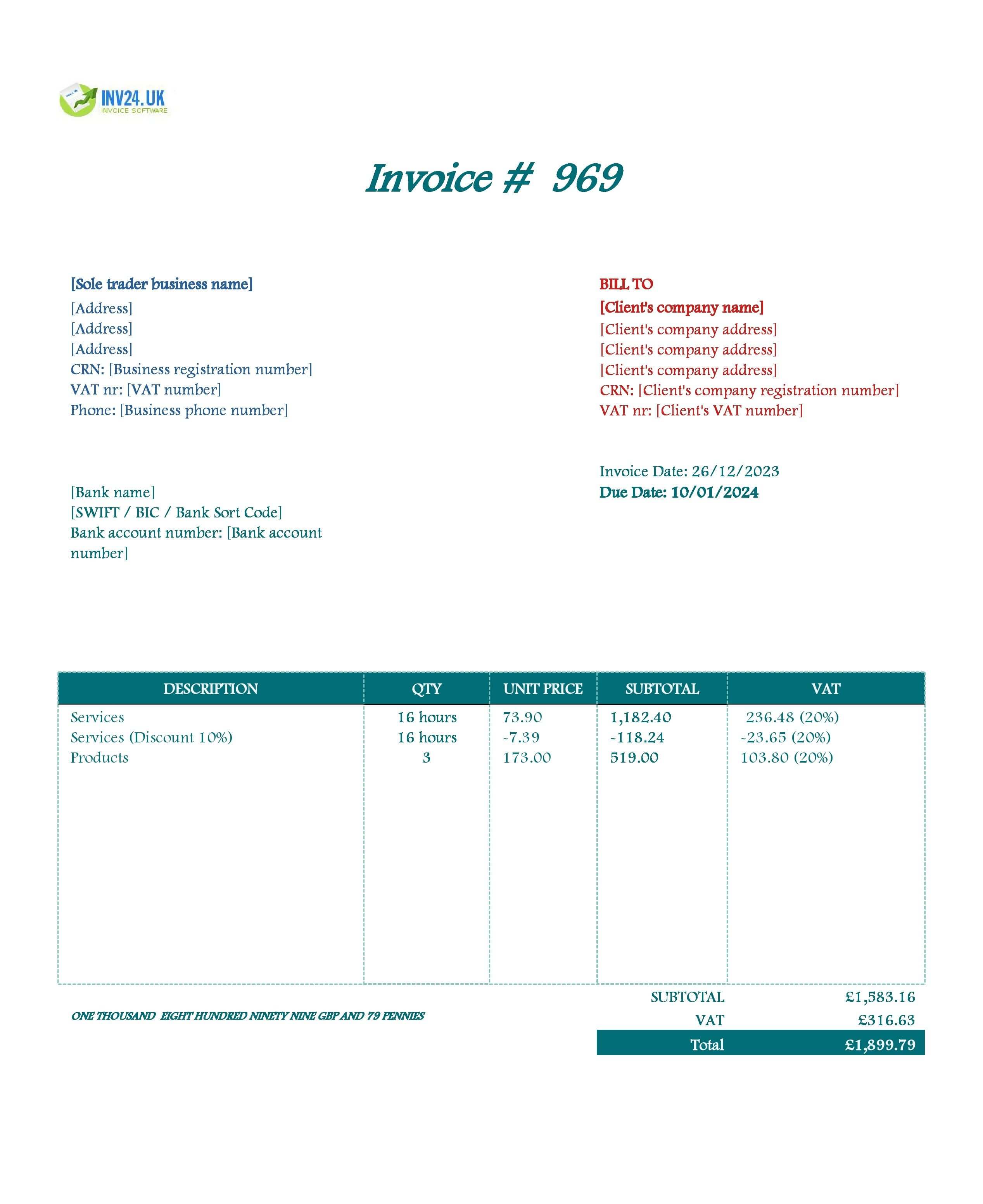 Sole Trader Invoice Template UK .xls (Excel / Google Sheets)