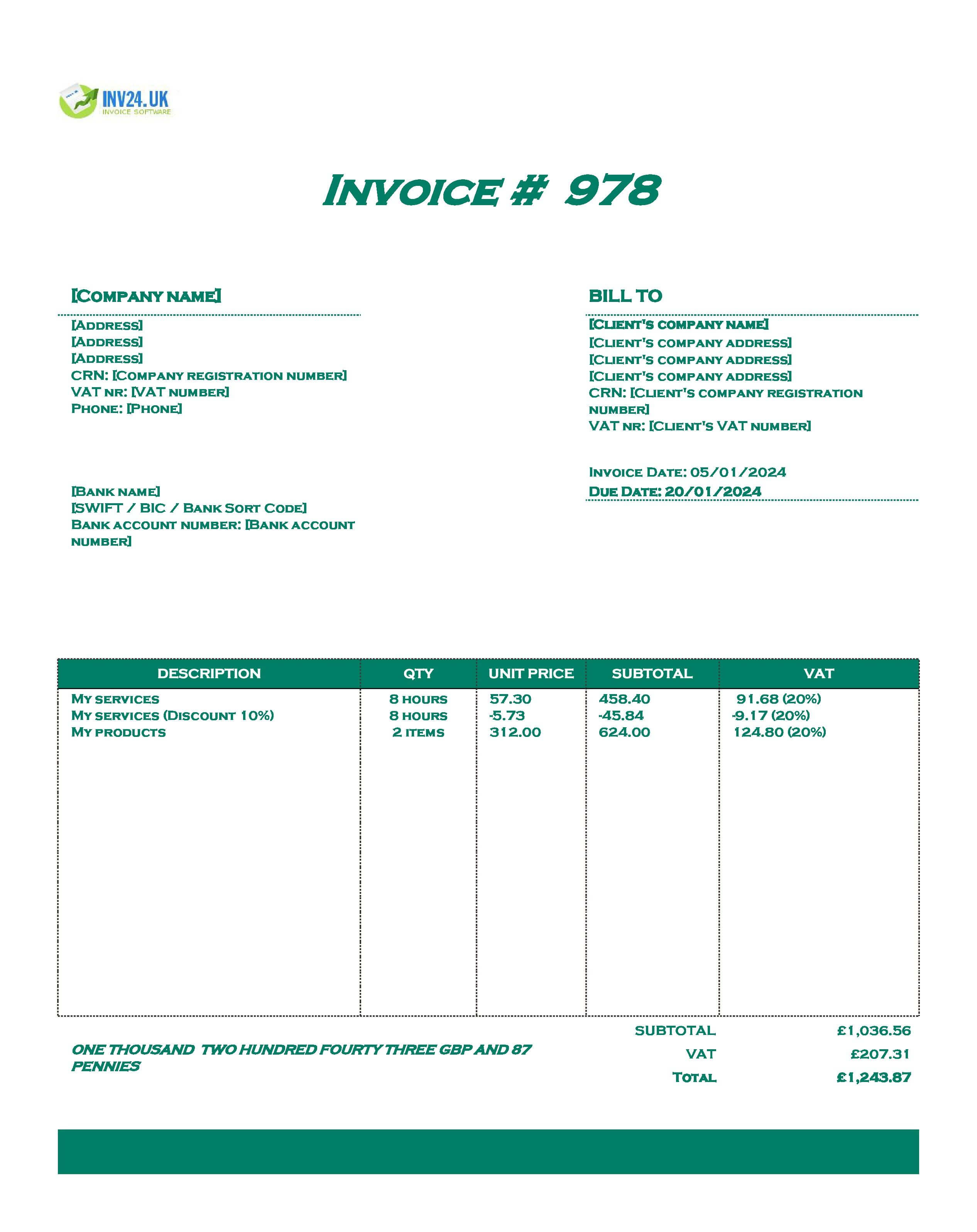 Standard Invoice Template UK (Excel / Google Sheets)