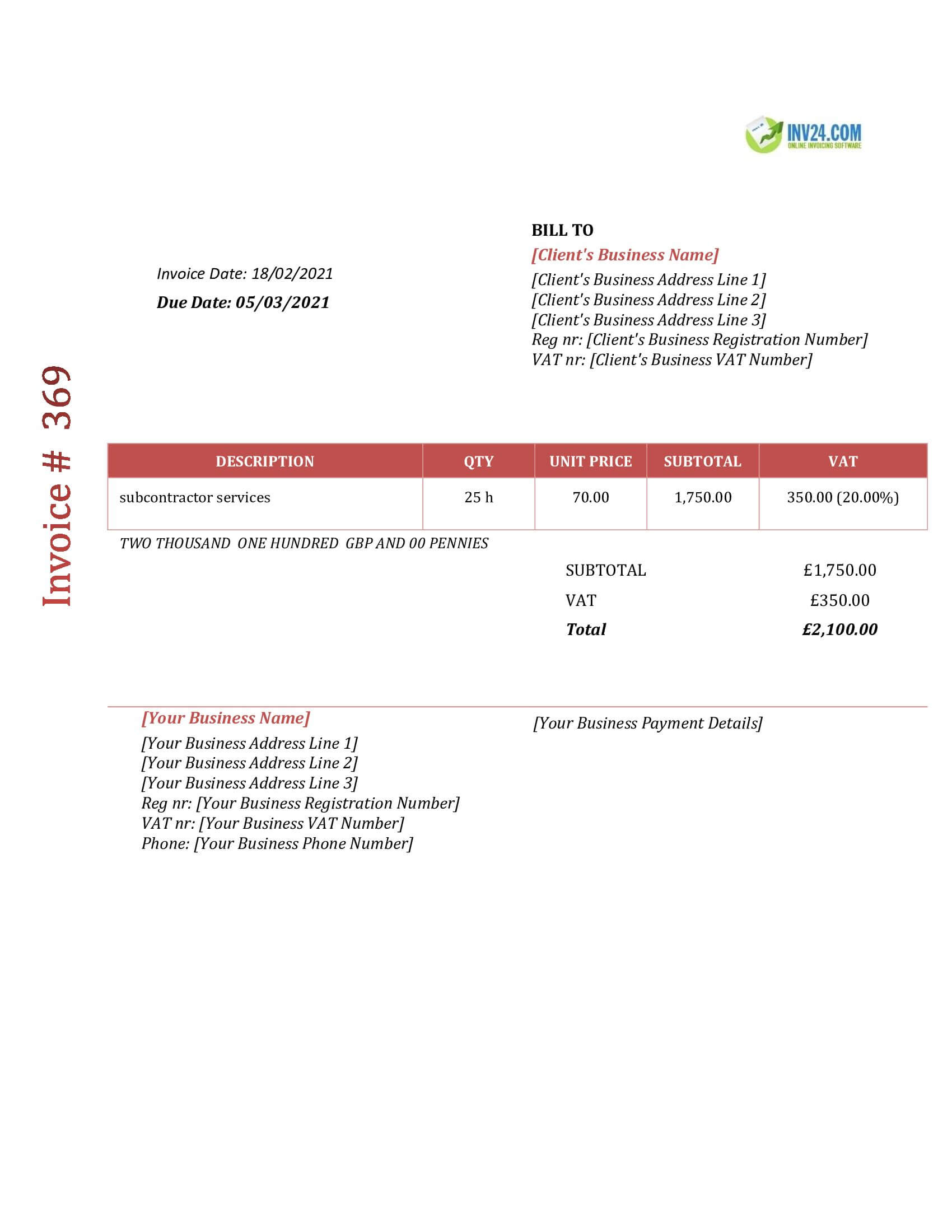 subcontractor invoice template uk