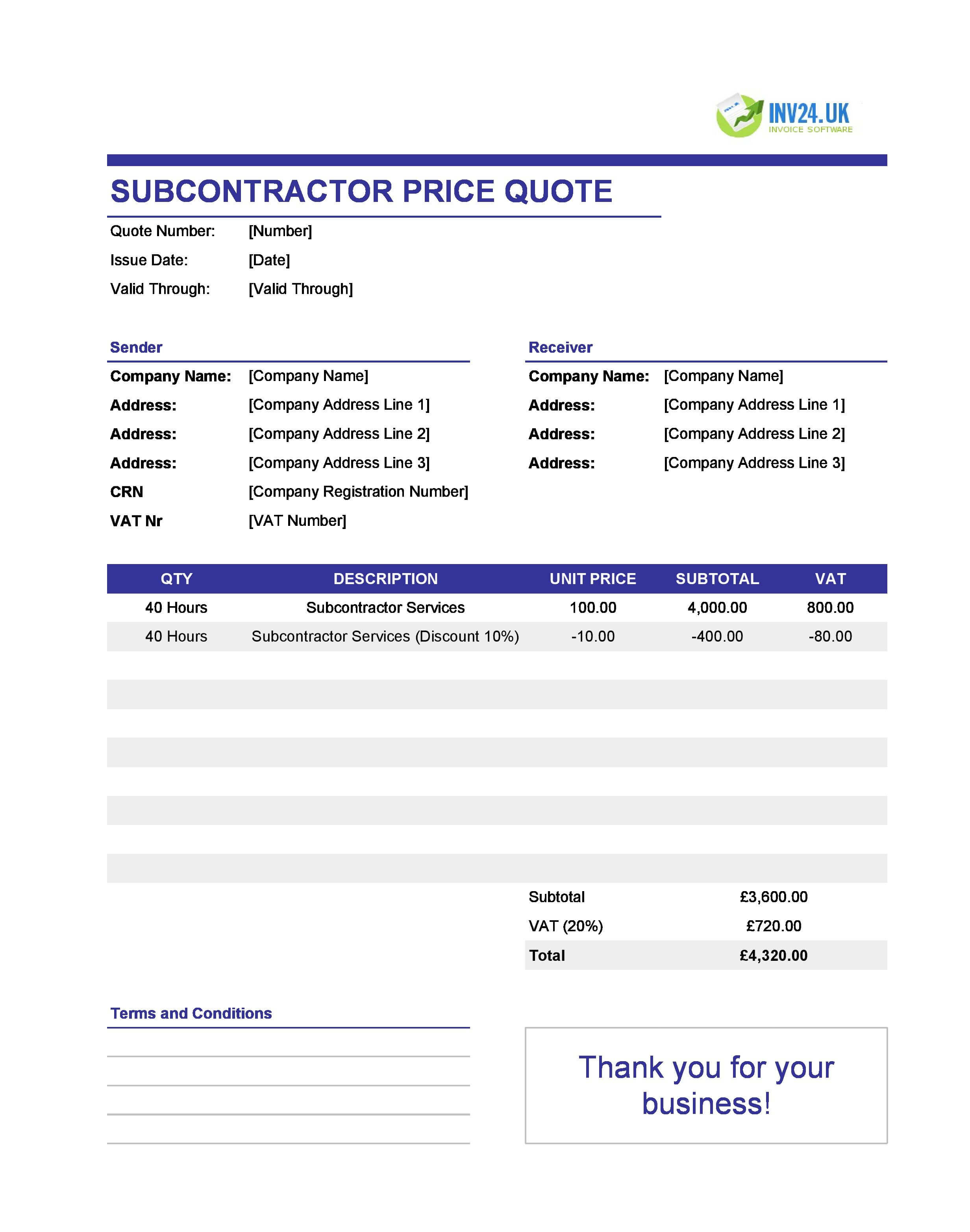 Subcontractor Quote Template for UK (Excel / Google Sheets)