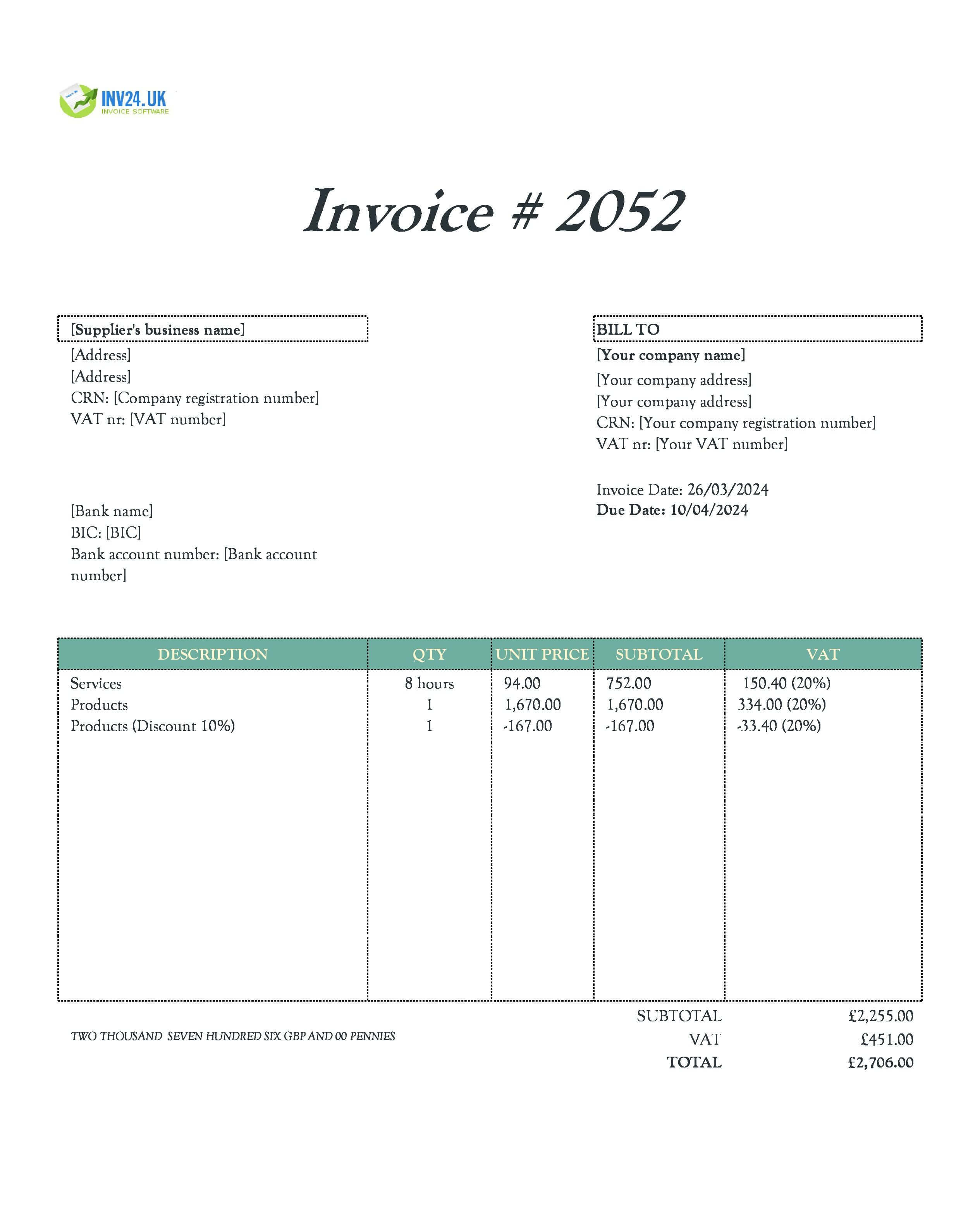 supplier invoice sample