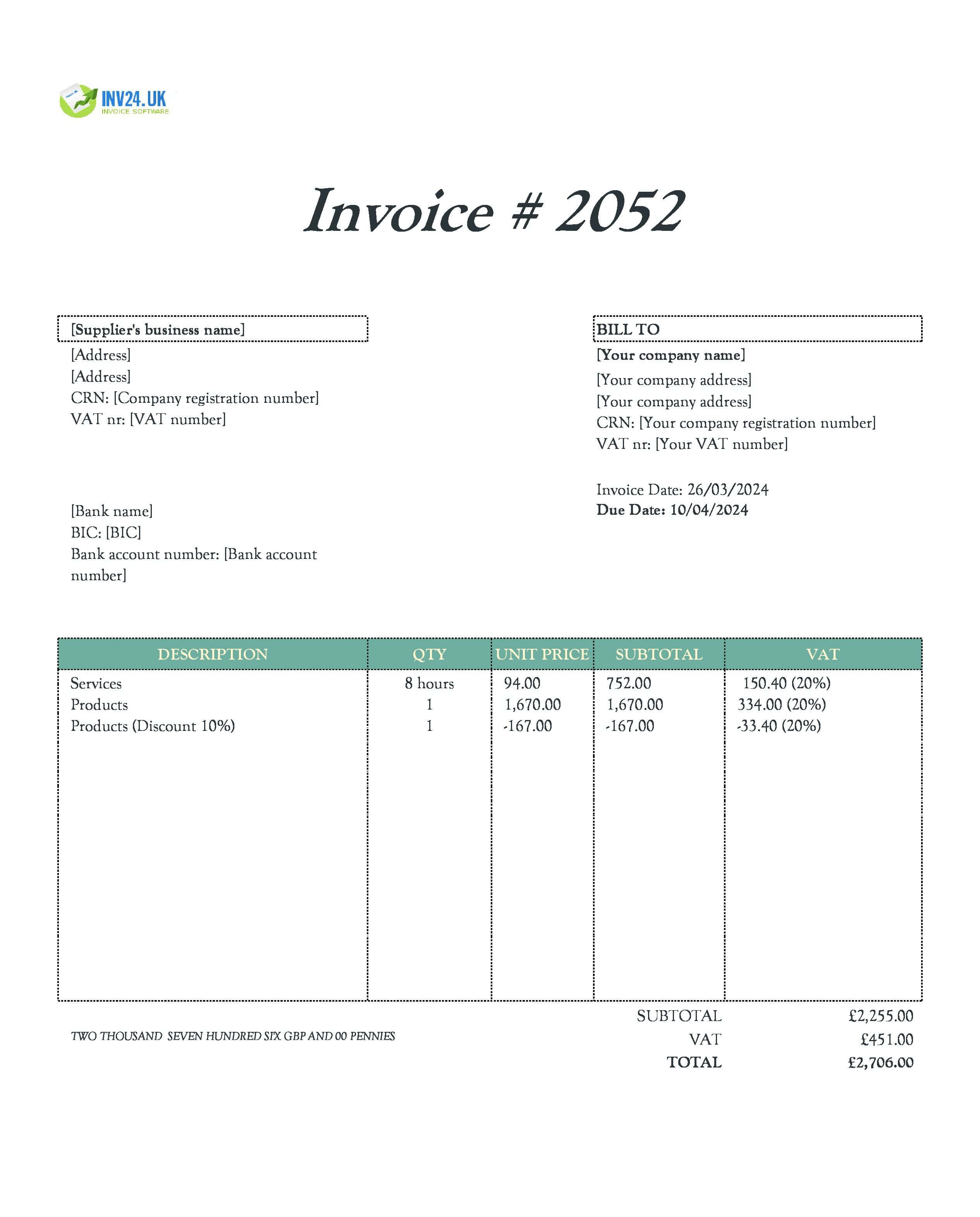 supplier invoice template UK