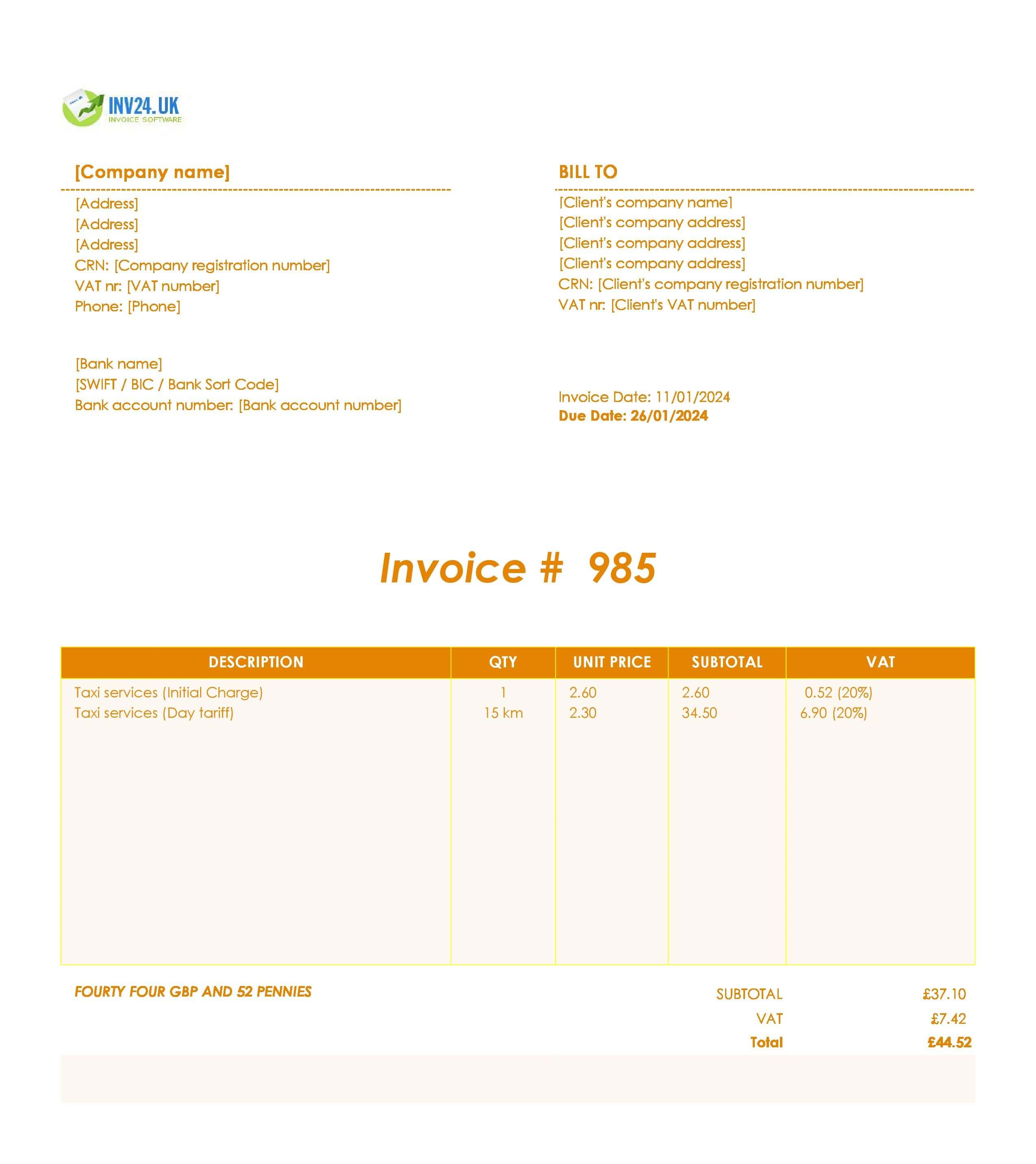 Taxi Invoice Template UK (Excel / Google Sheets)