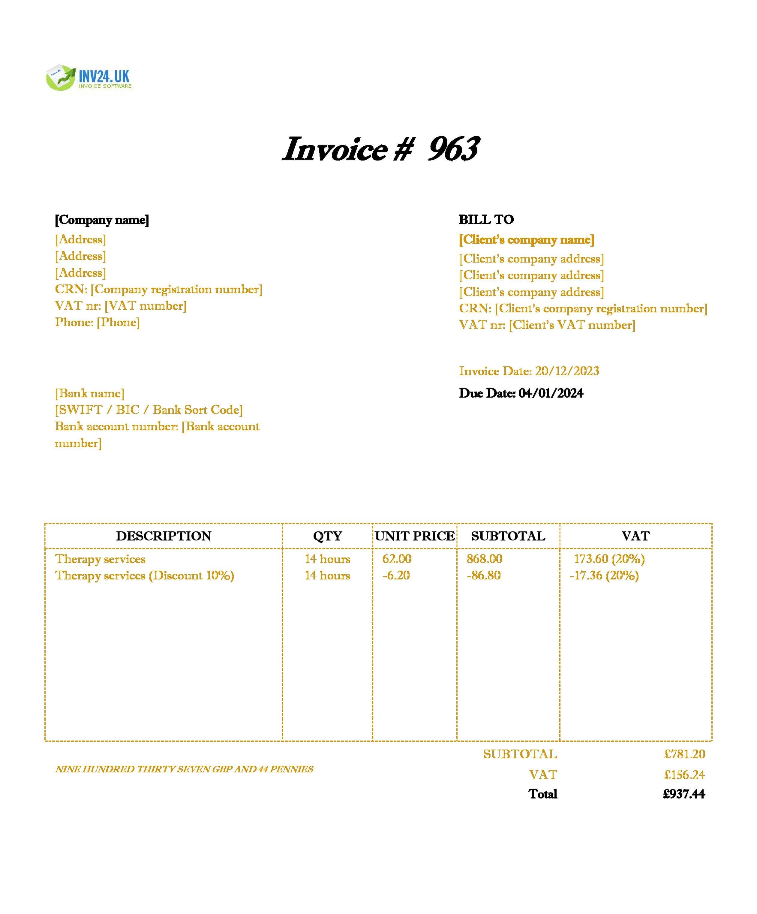 therapy invoice template UK