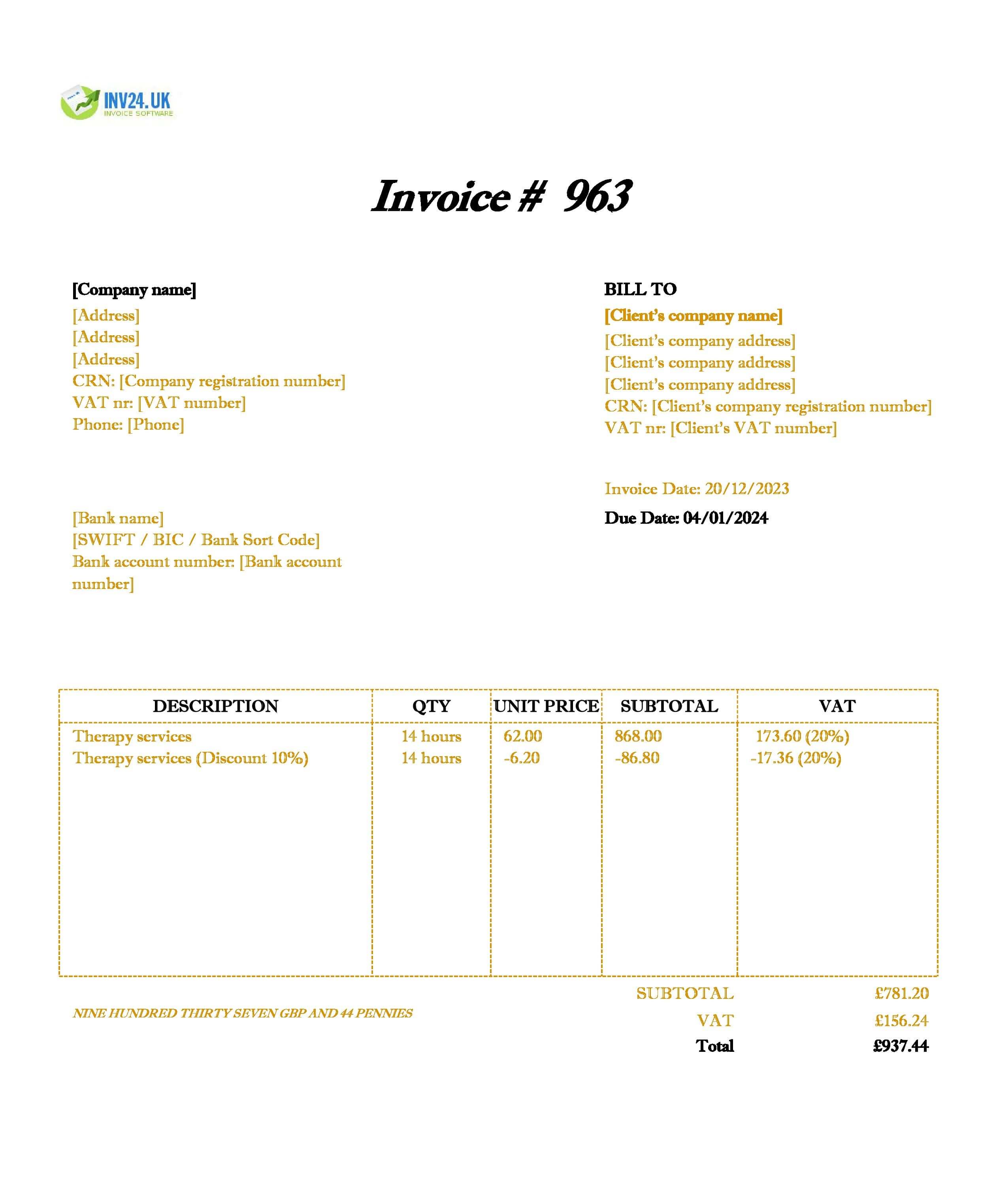 Therapy Invoice Template UK (Excel / Google Sheets)