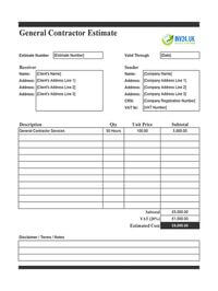 general contractor estimate template uk