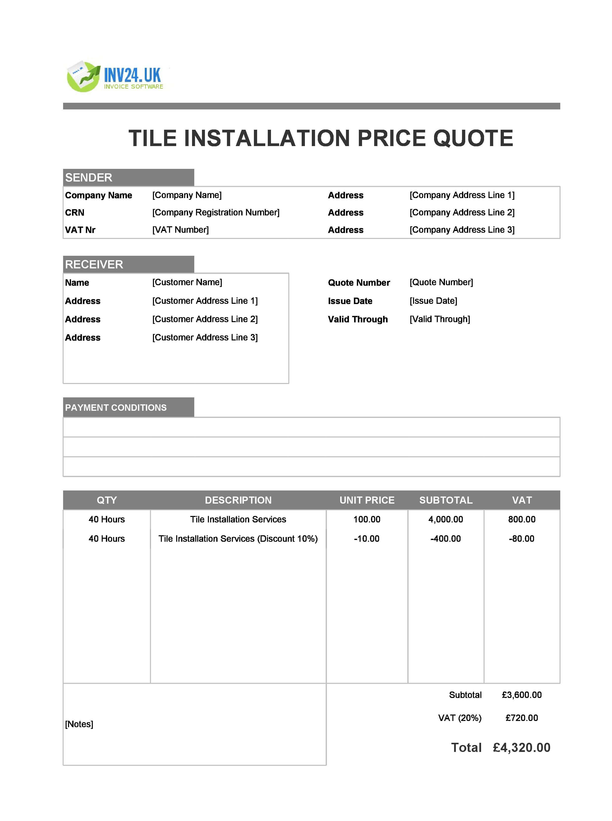 Tile Installation Quote Template for UK (Excel / Google Sheets)