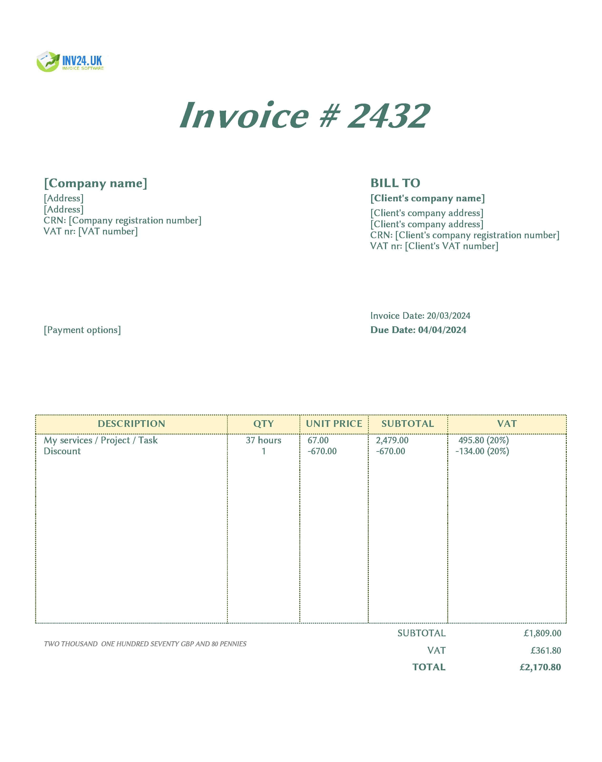 Timesheet Invoice Template UK (Excel / Google Sheets)