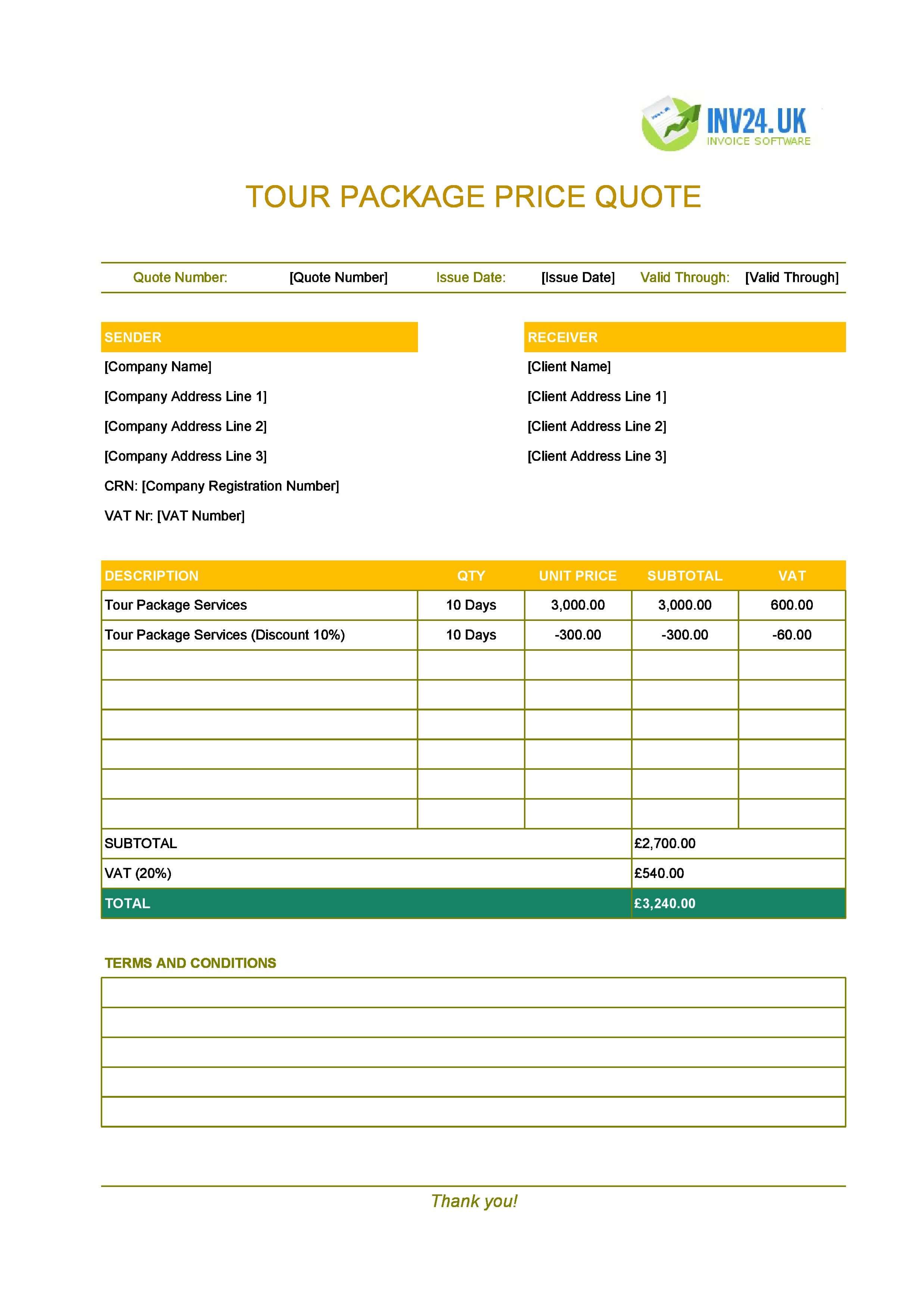 Tour Package Quote Template for UK (Excel / Google Sheets)
