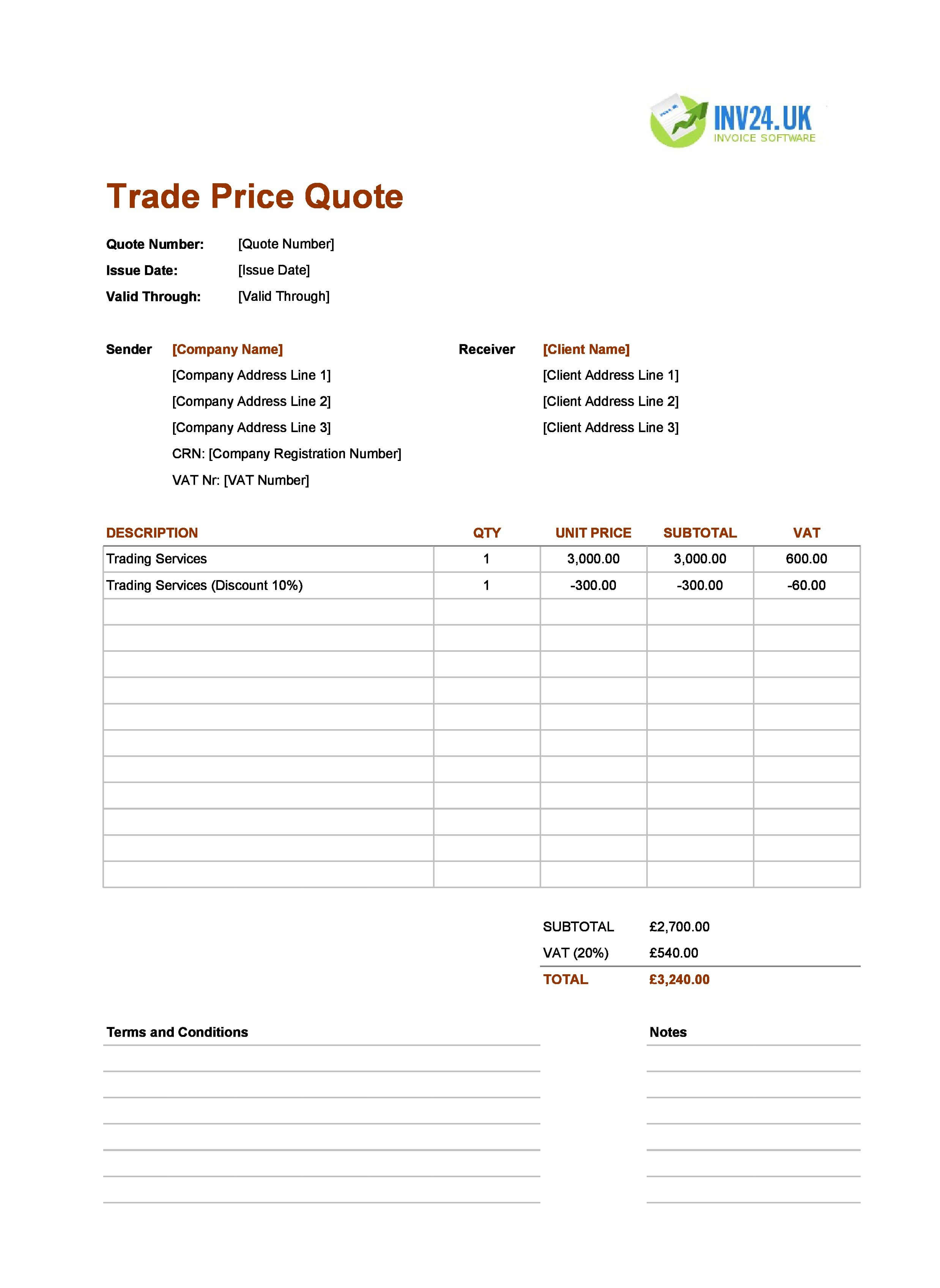 Trade Quote Template for UK (Excel / Google Sheets)