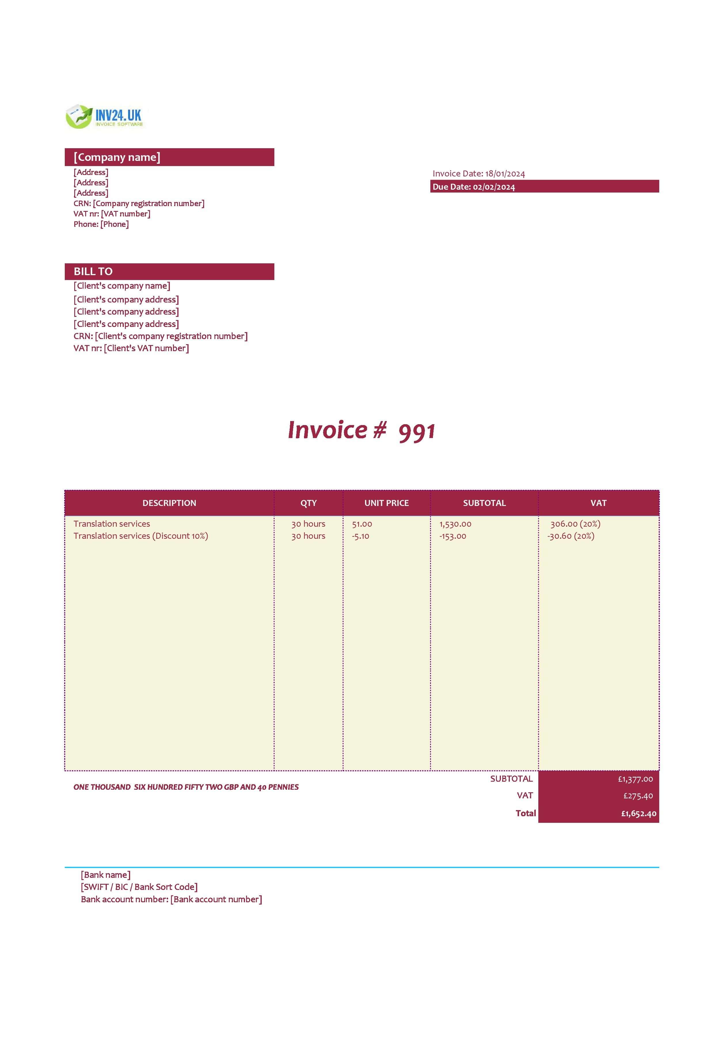 translation invoice template UK