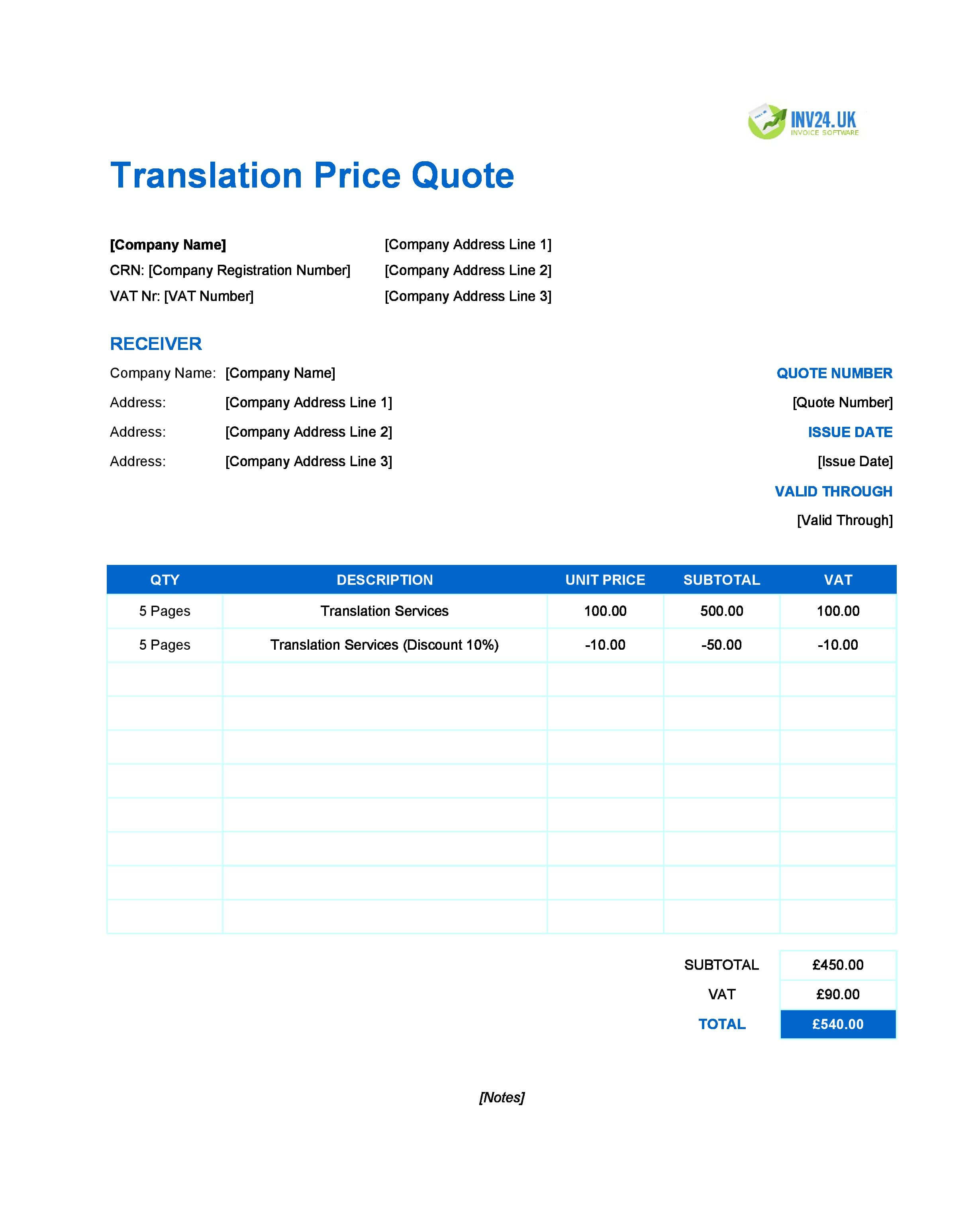 Translation Quote Template for UK (Excel / Google Sheets)