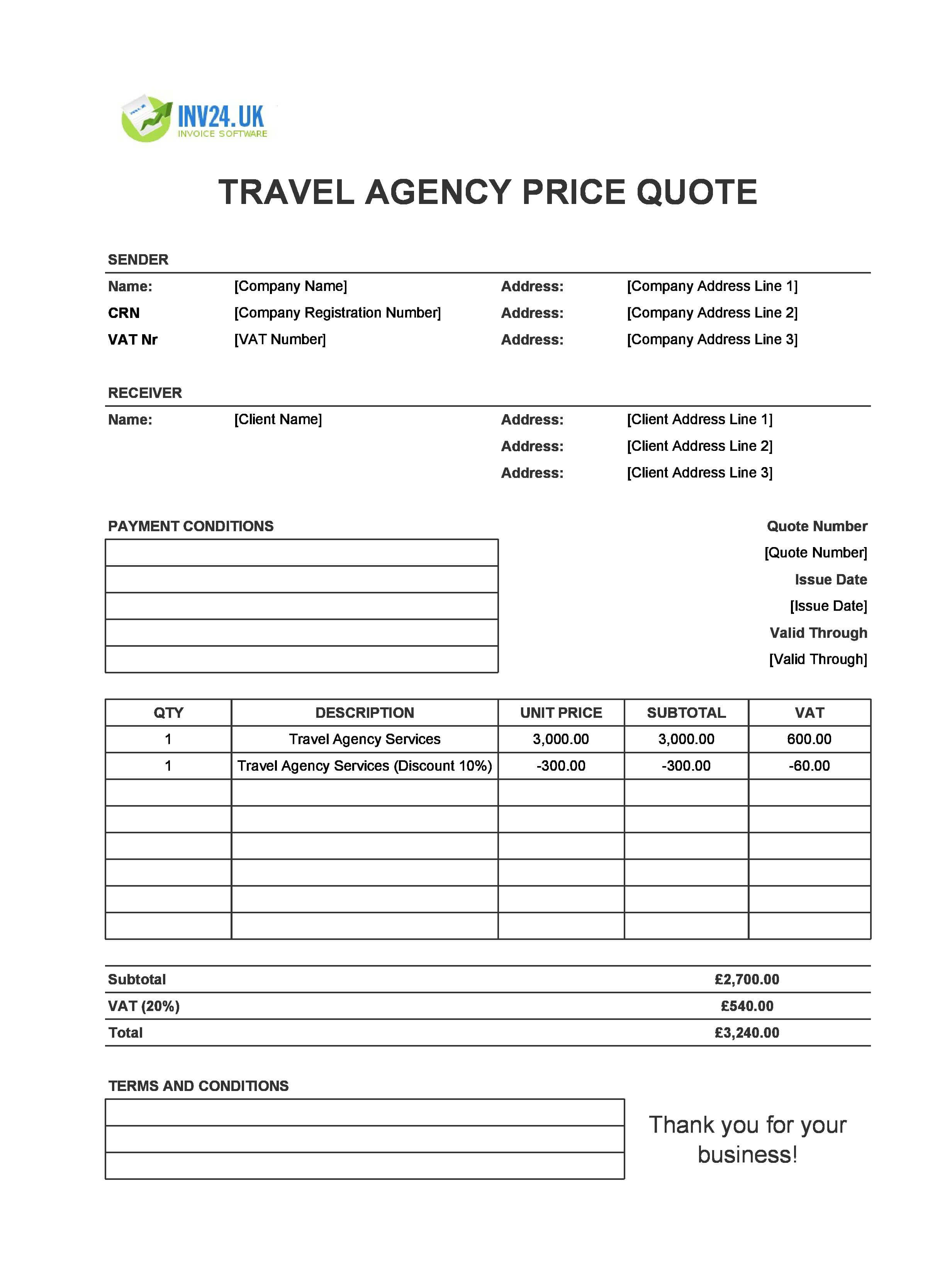 Travel Agency Quote Template for UK (Excel / Google Sheets)