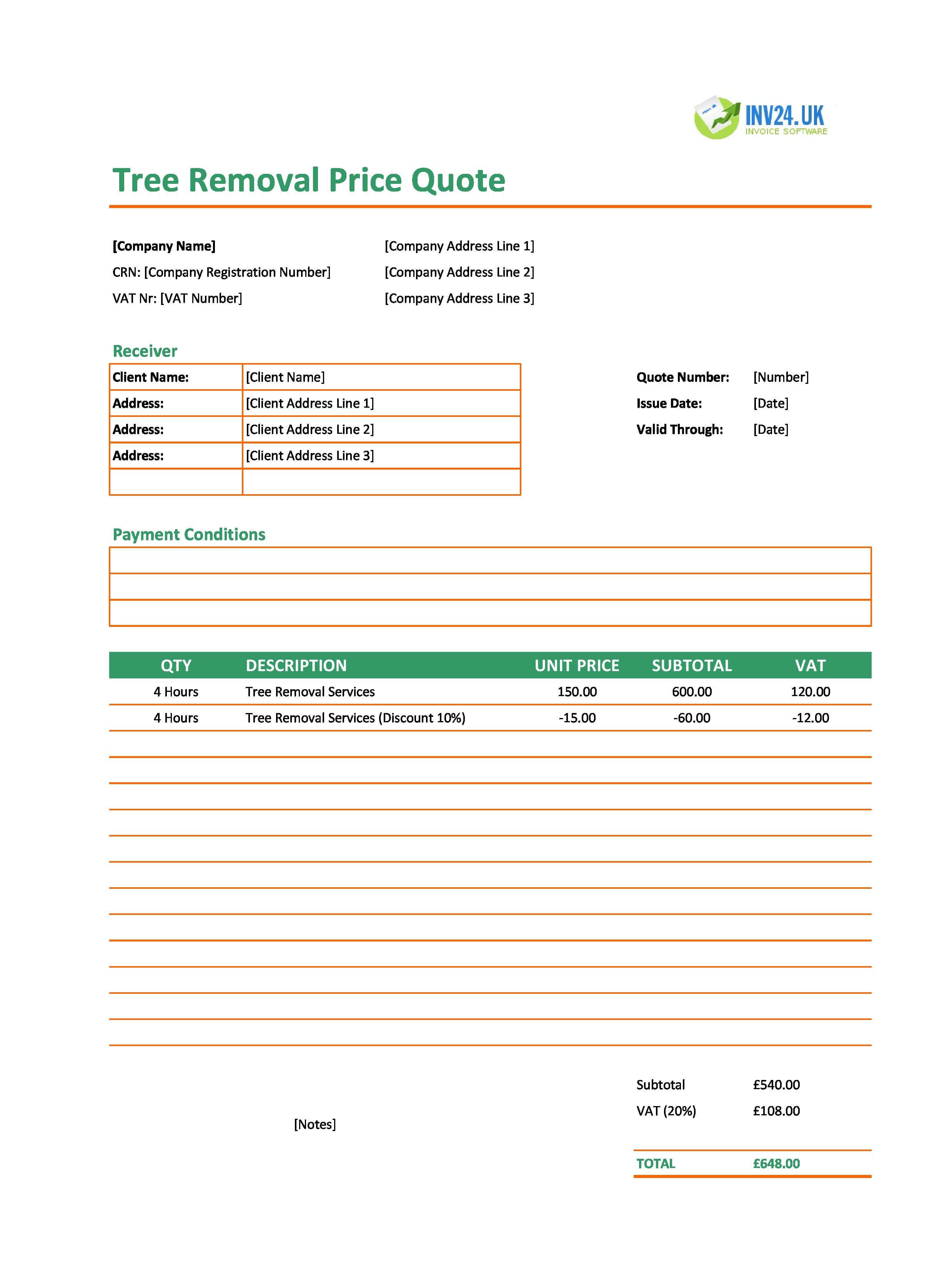 Tree Removal Quote Template for UK (Excel / Google Sheets)