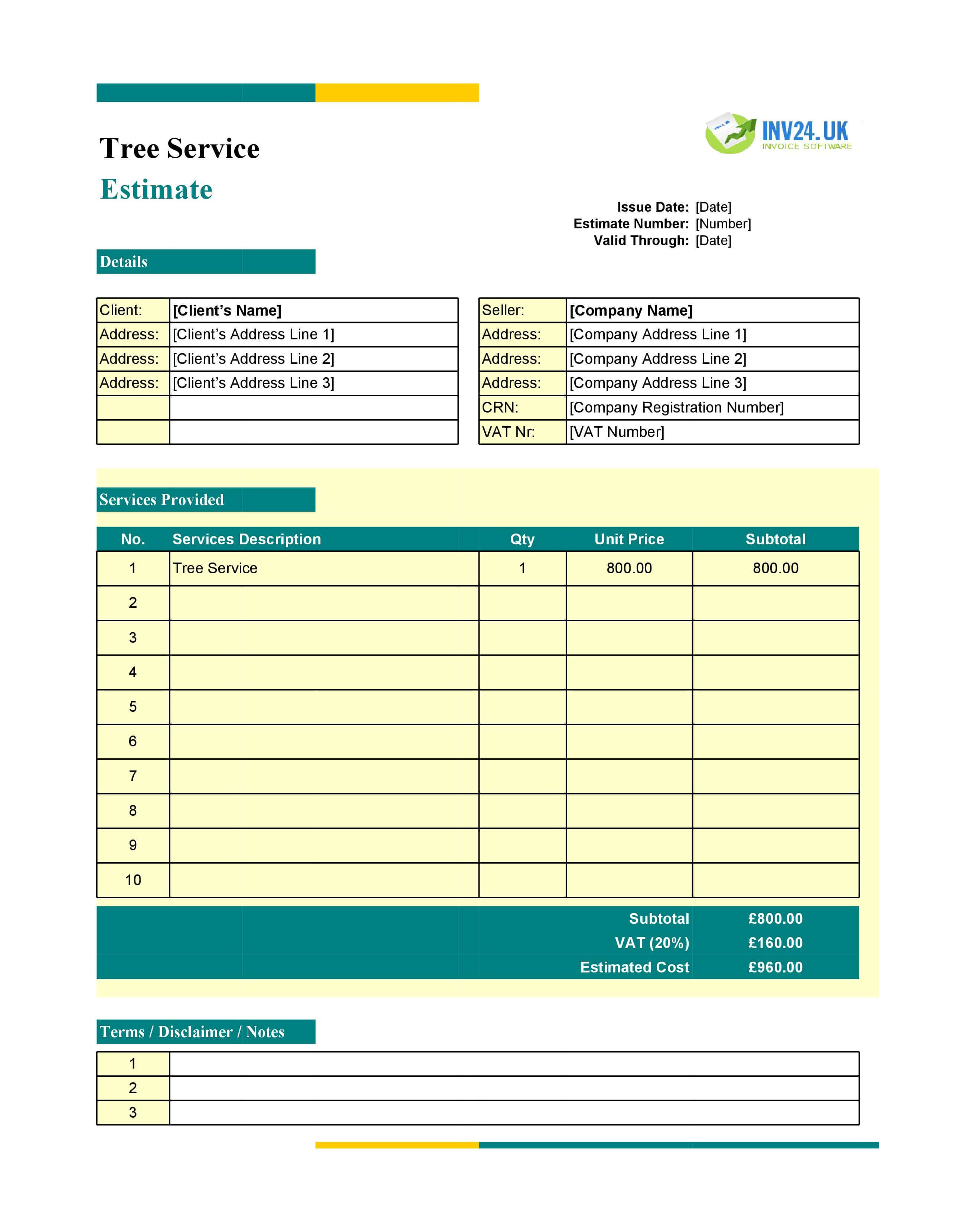 Tree Service Estimate Template for UK (Excel / Google Sheets)