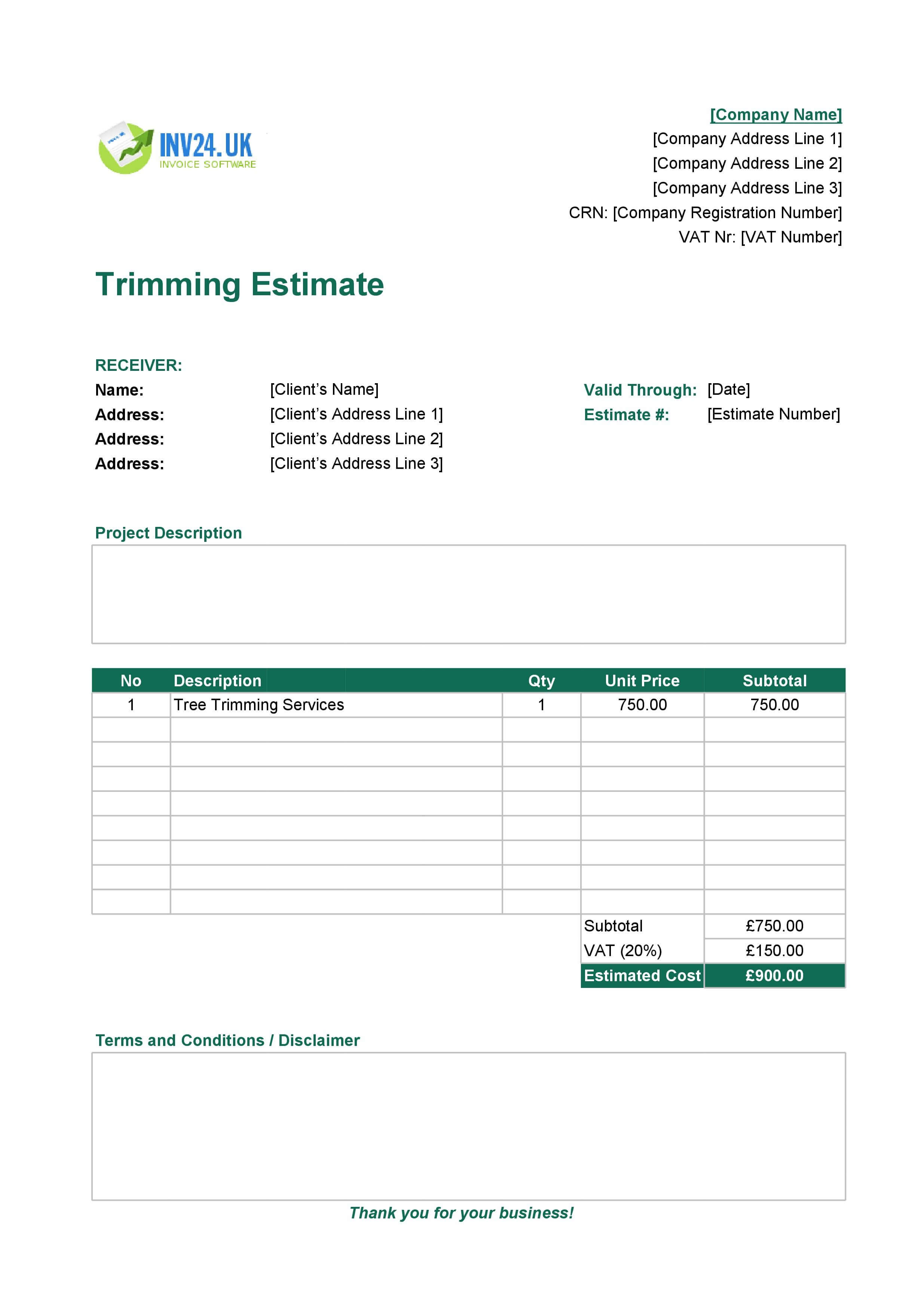Trimming Estimate Template for UK (Excel / Google Sheets)