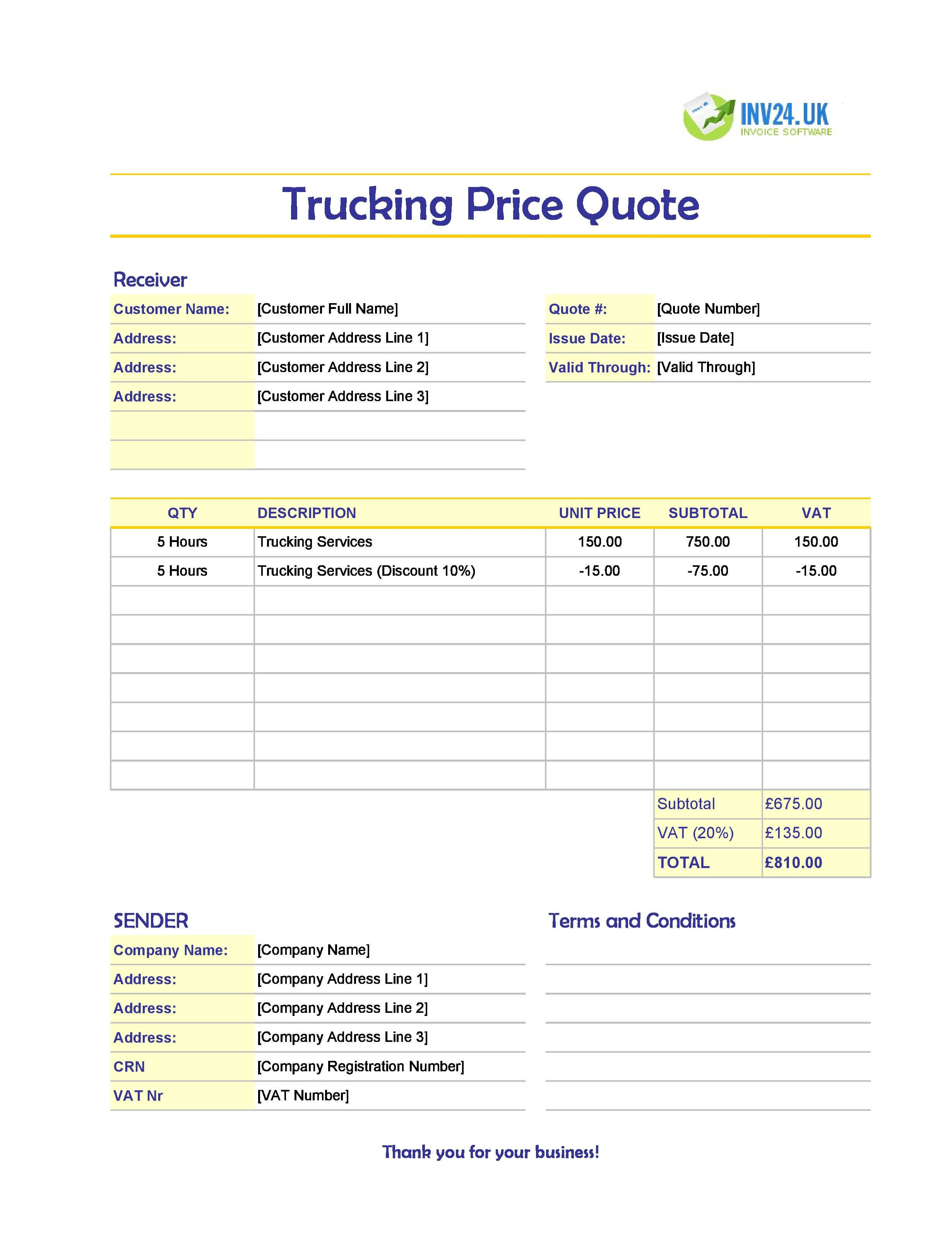 Trucking Quote Template for UK (Excel / Google Sheets)