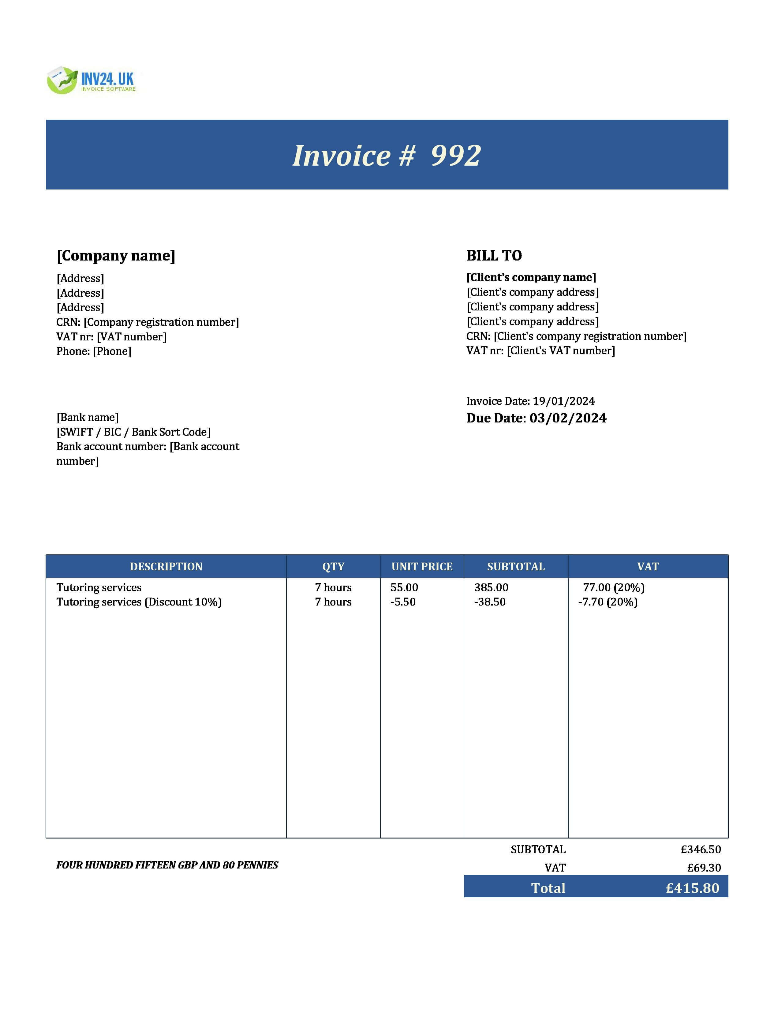 Tutoring Invoice Template UK (Excel / Google Sheets)