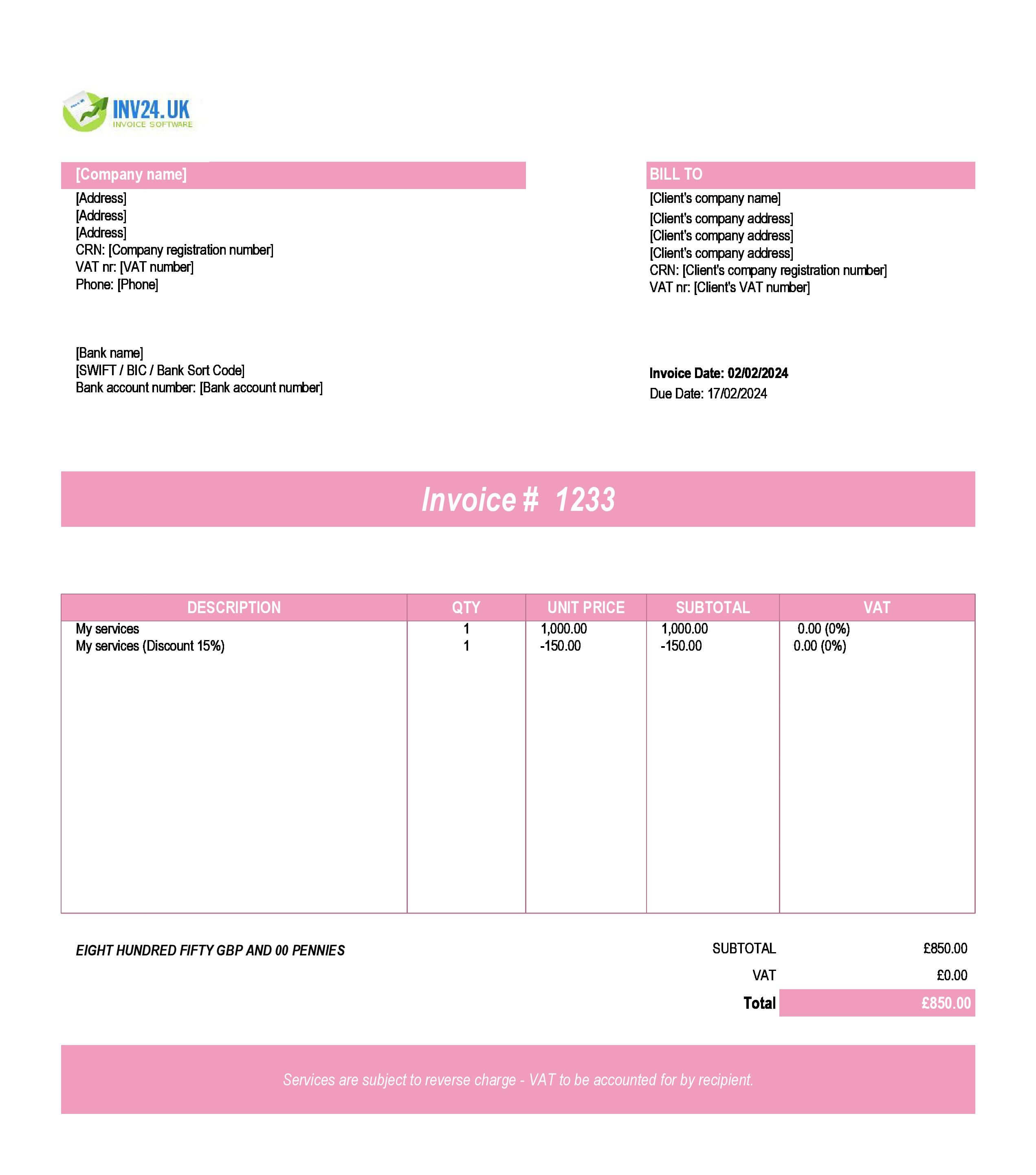 VAT Reverse Charge Invoice Example UK (Excel / Google Sheets)