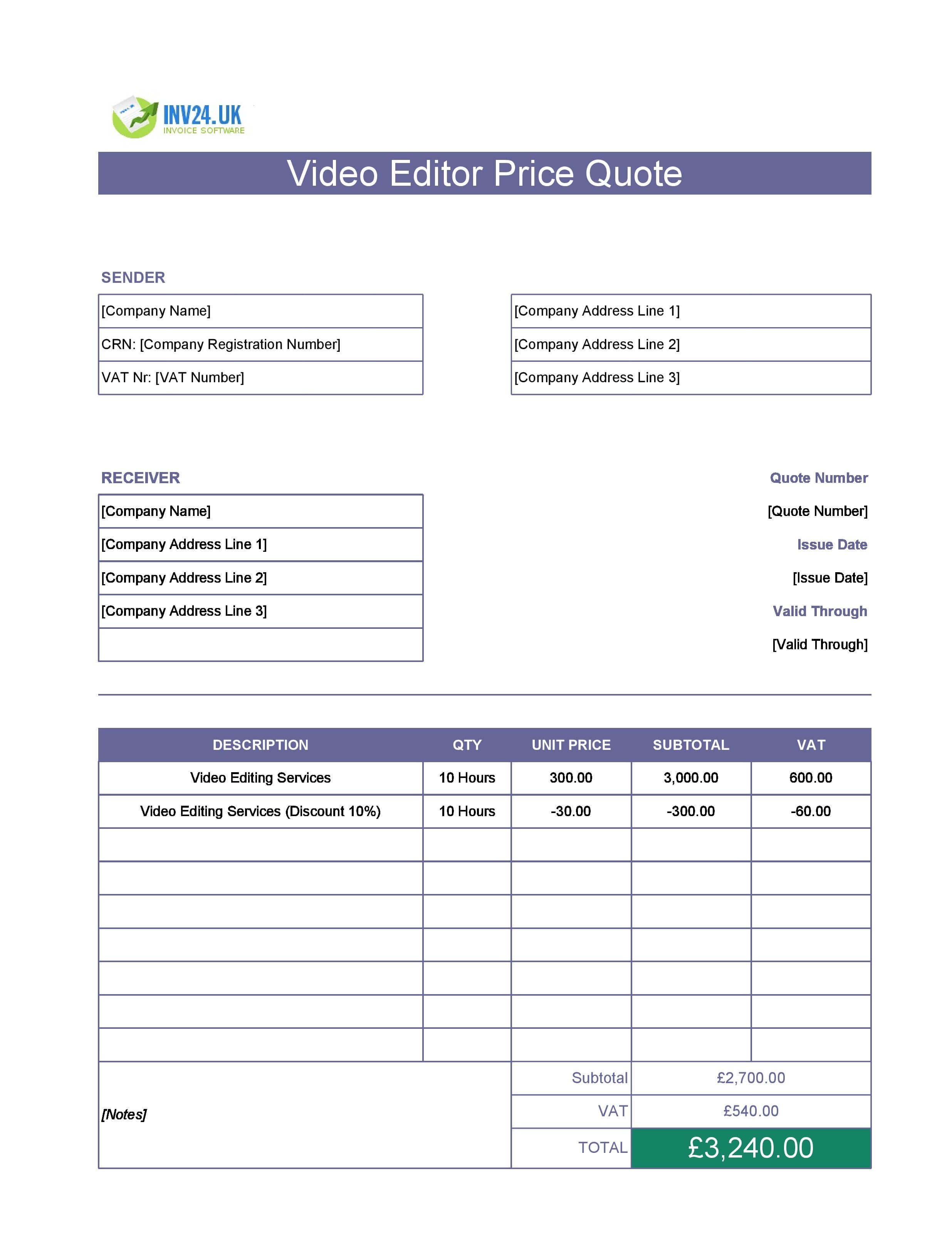 Video Editor Quote Template for UK (Excel / Google Sheets)