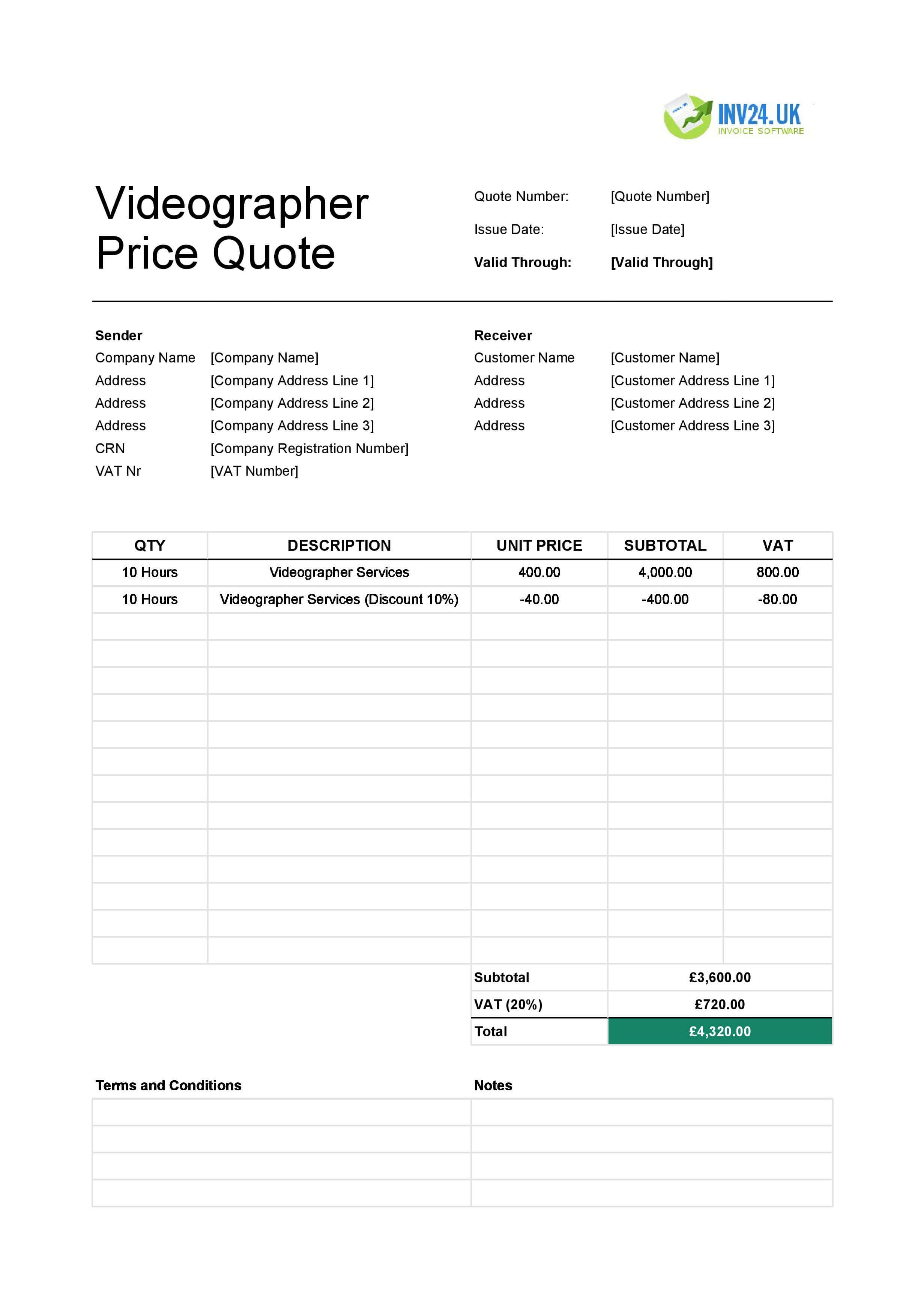 Videographer Quote Template for UK (Excel / Google Sheets)