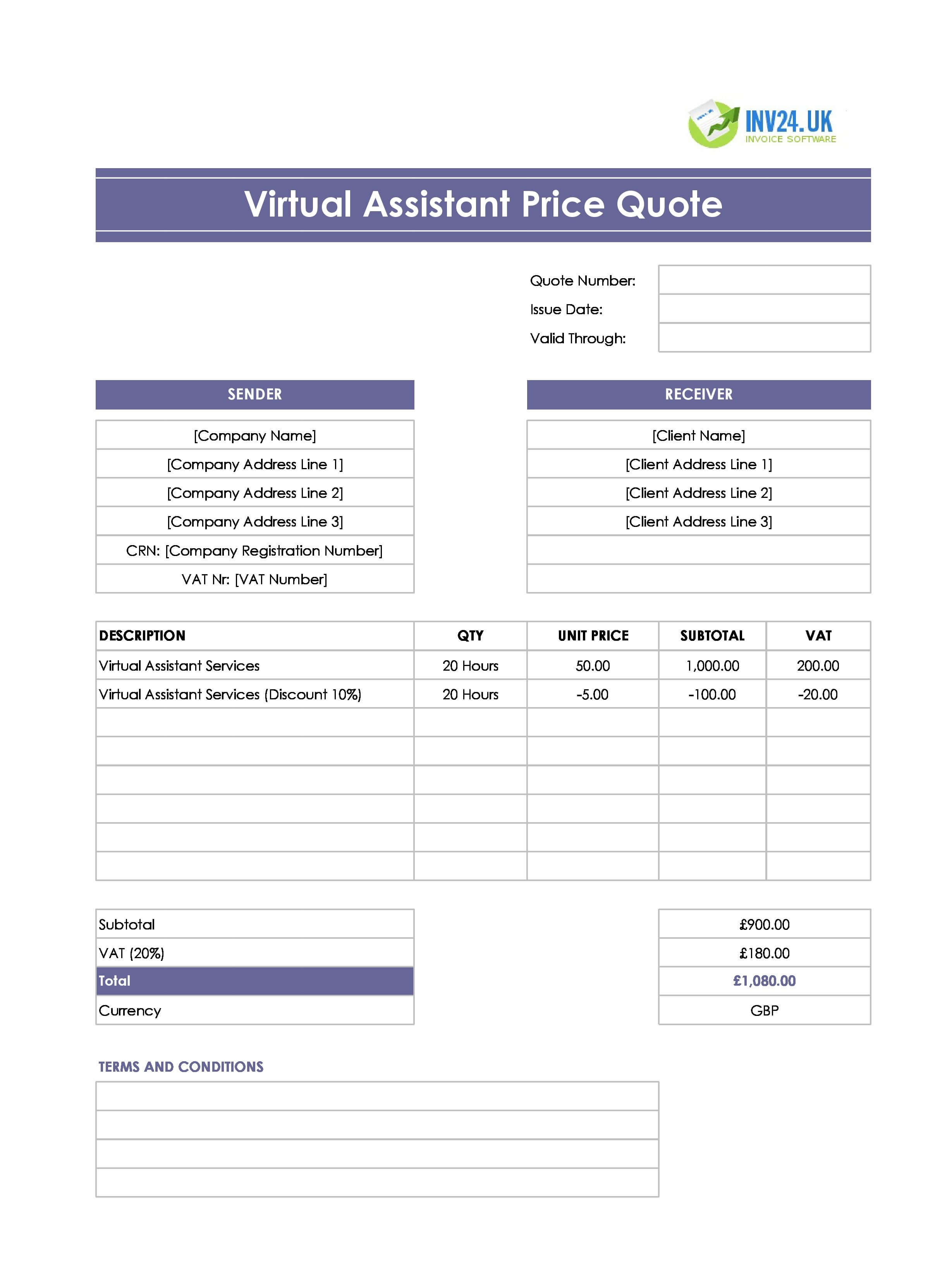 Virtual Assistant Quote Template for UK (Excel / Google Sheets)
