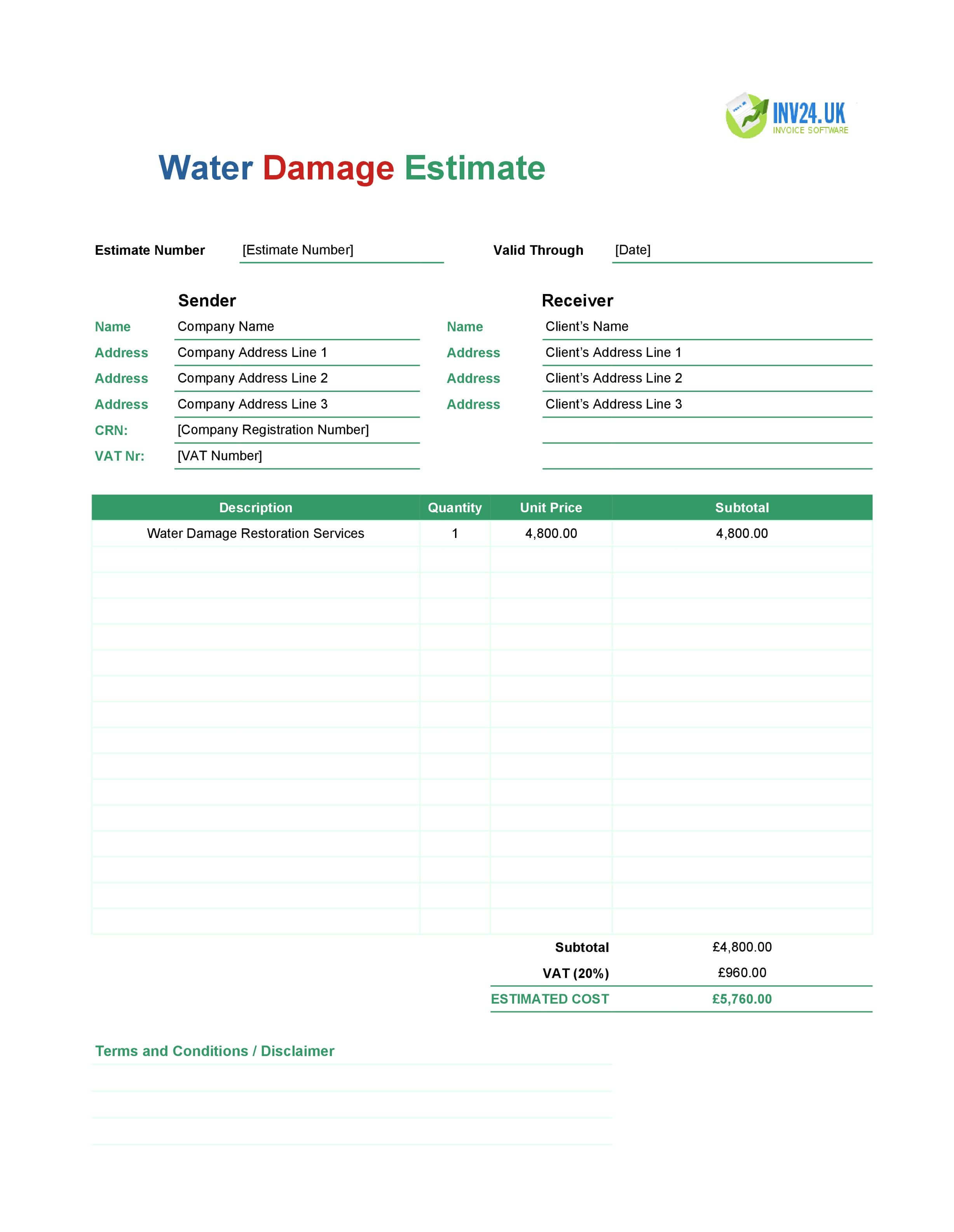 Water Damage Estimate Template for UK (Excel / Google Sheets)