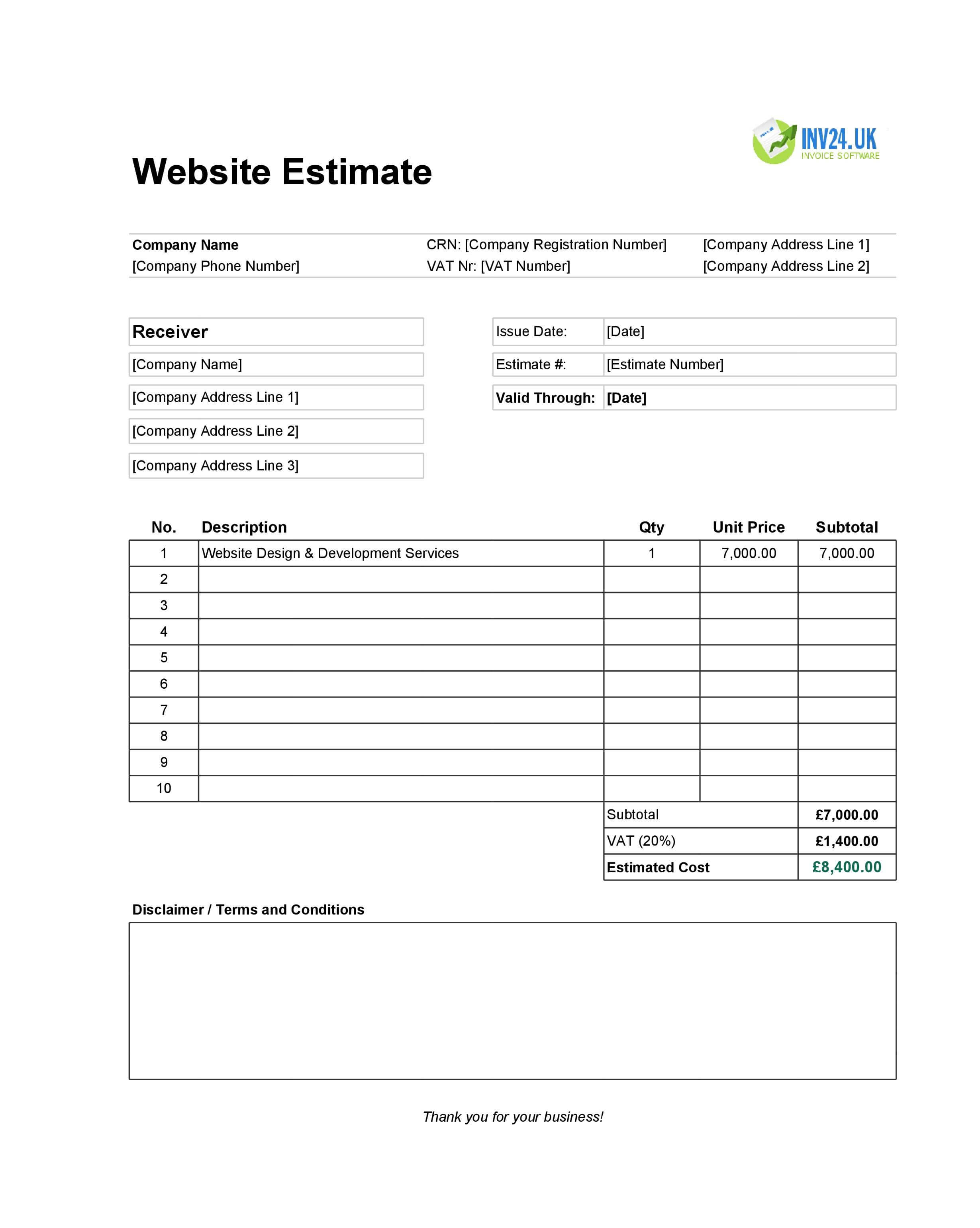 Website Estimate Template for UK (Excel / Google Sheets)