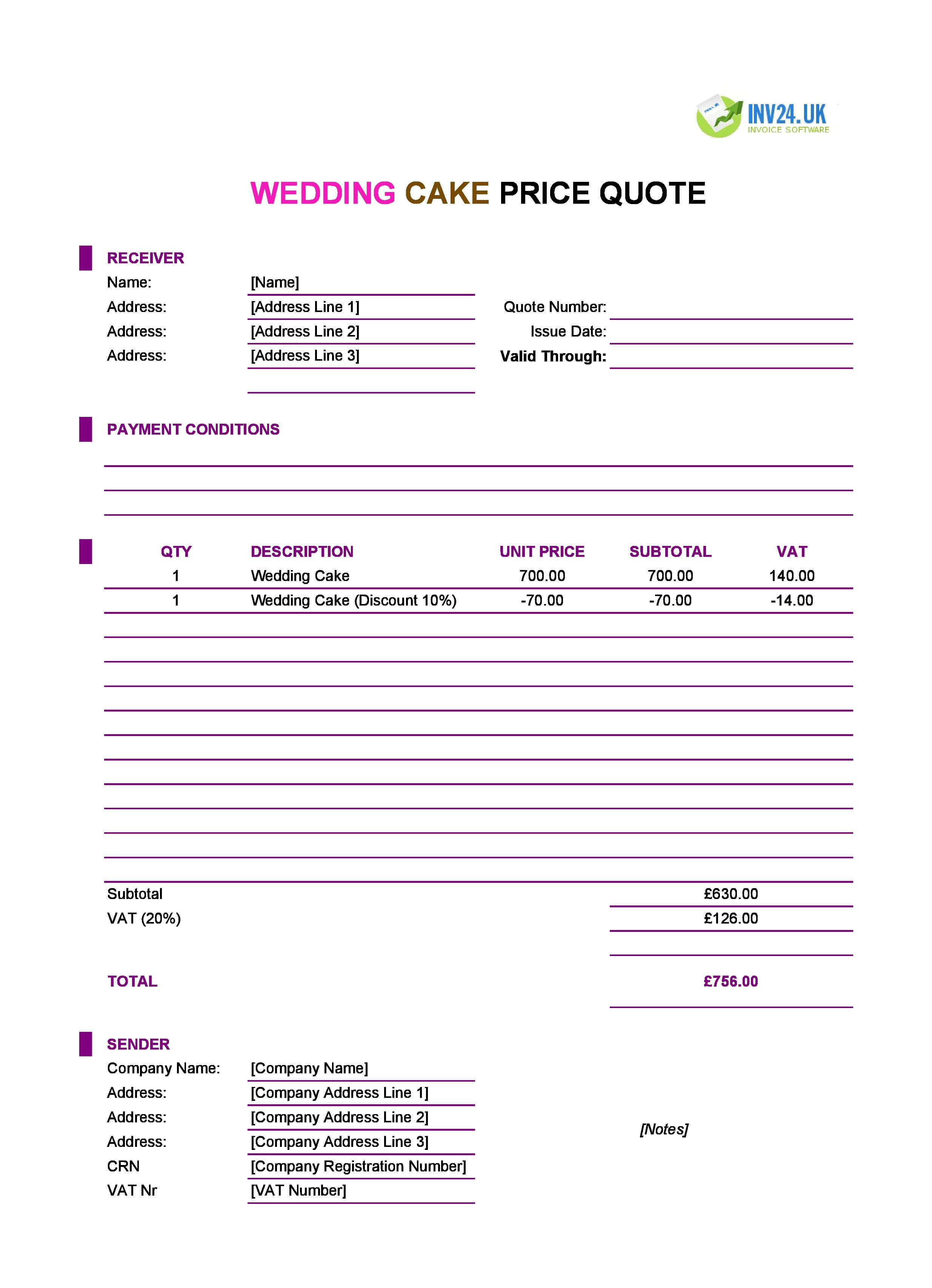 Wedding Cake Quote Template for UK (Excel / Google Sheets)