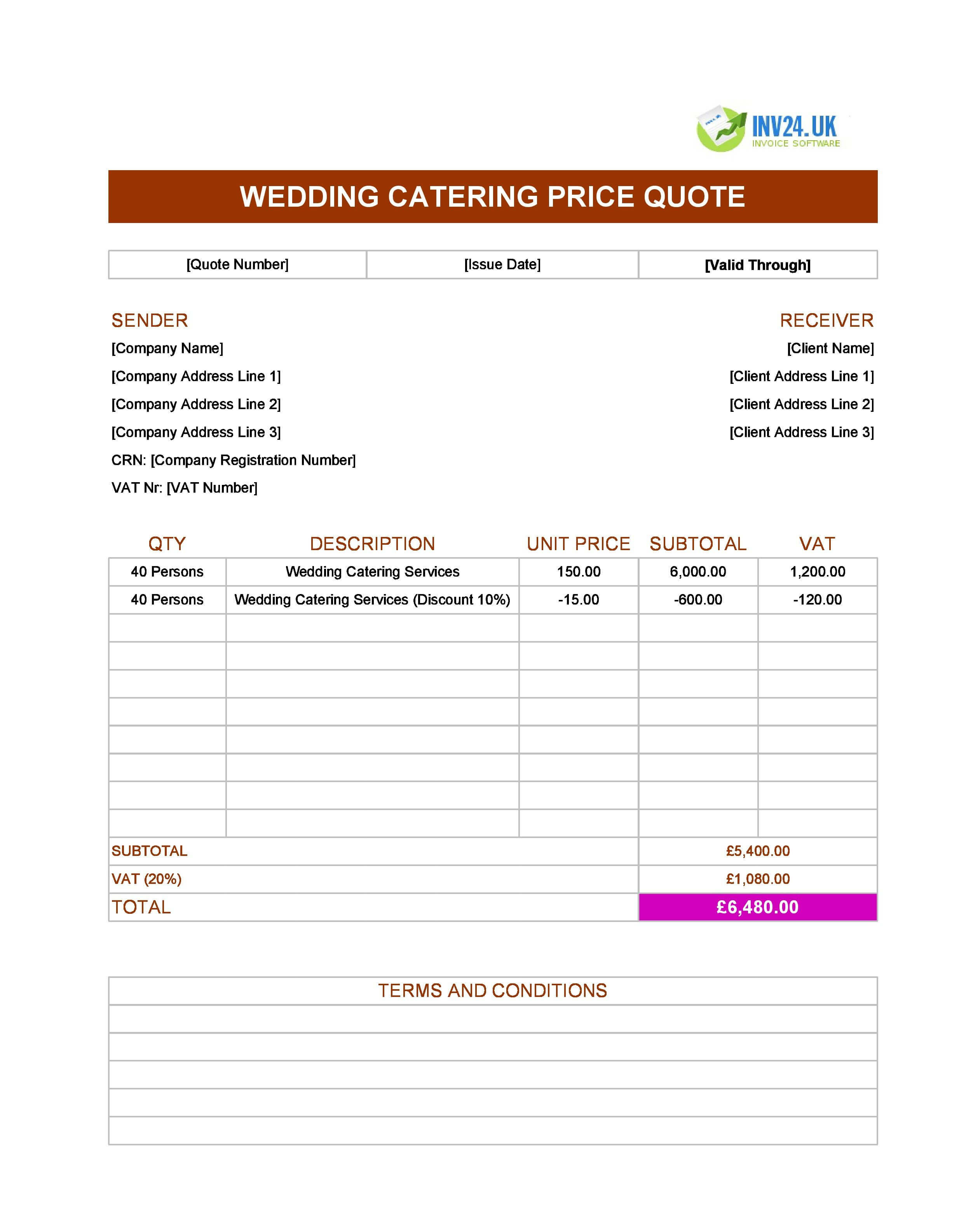 Wedding Catering Quote Template for UK (Excel / Google Sheets)