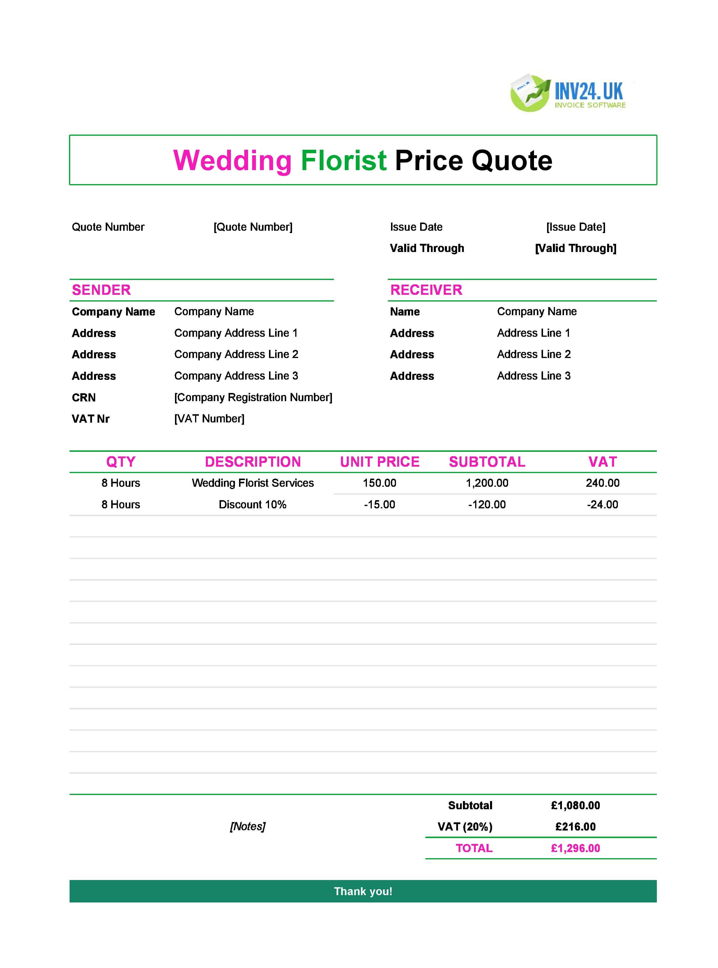 Wedding Florist Quote Template for UK (Excel / Google Sheets)