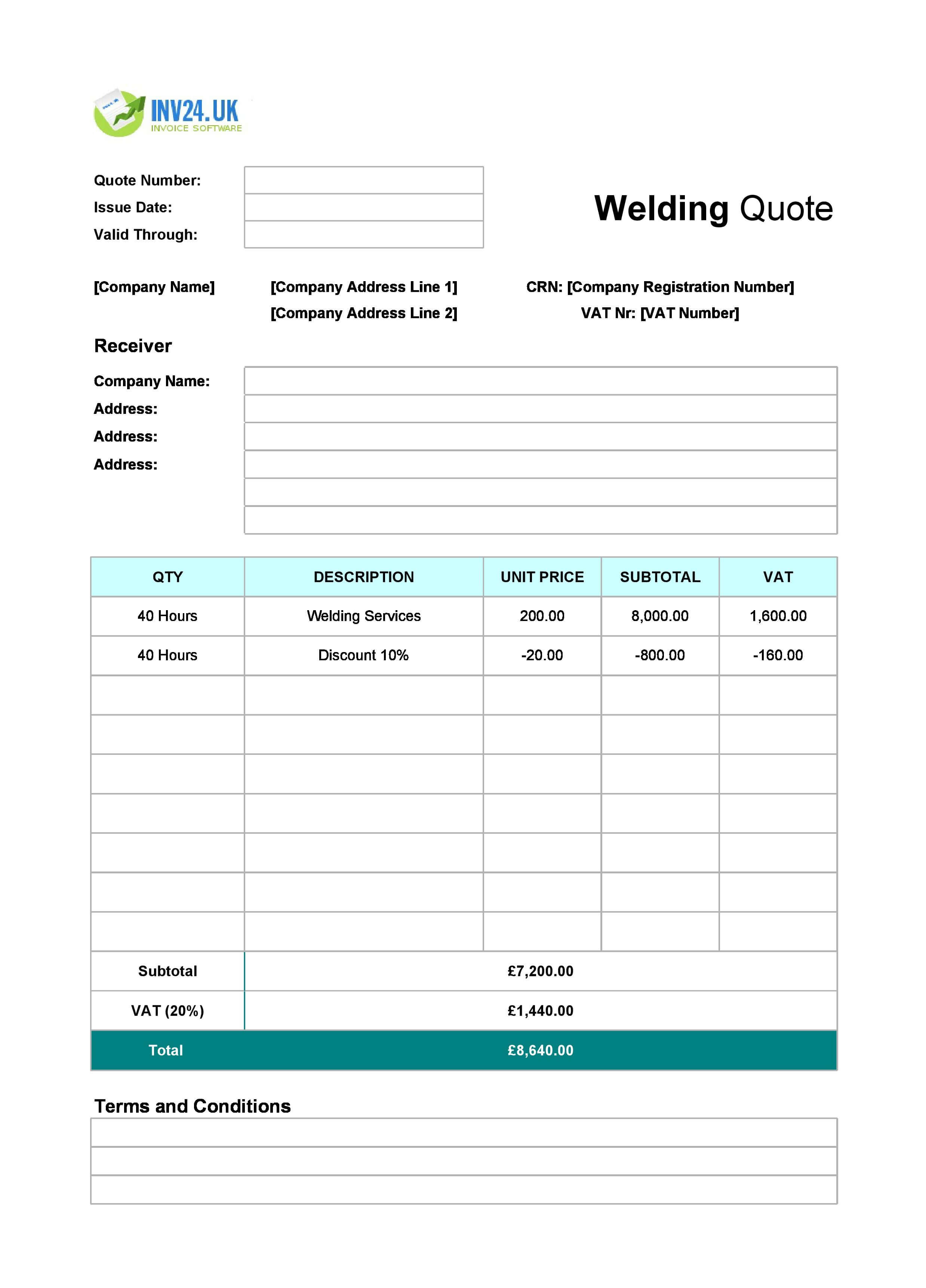 Welding Quote Template for UK (Excel / Google Sheets)
