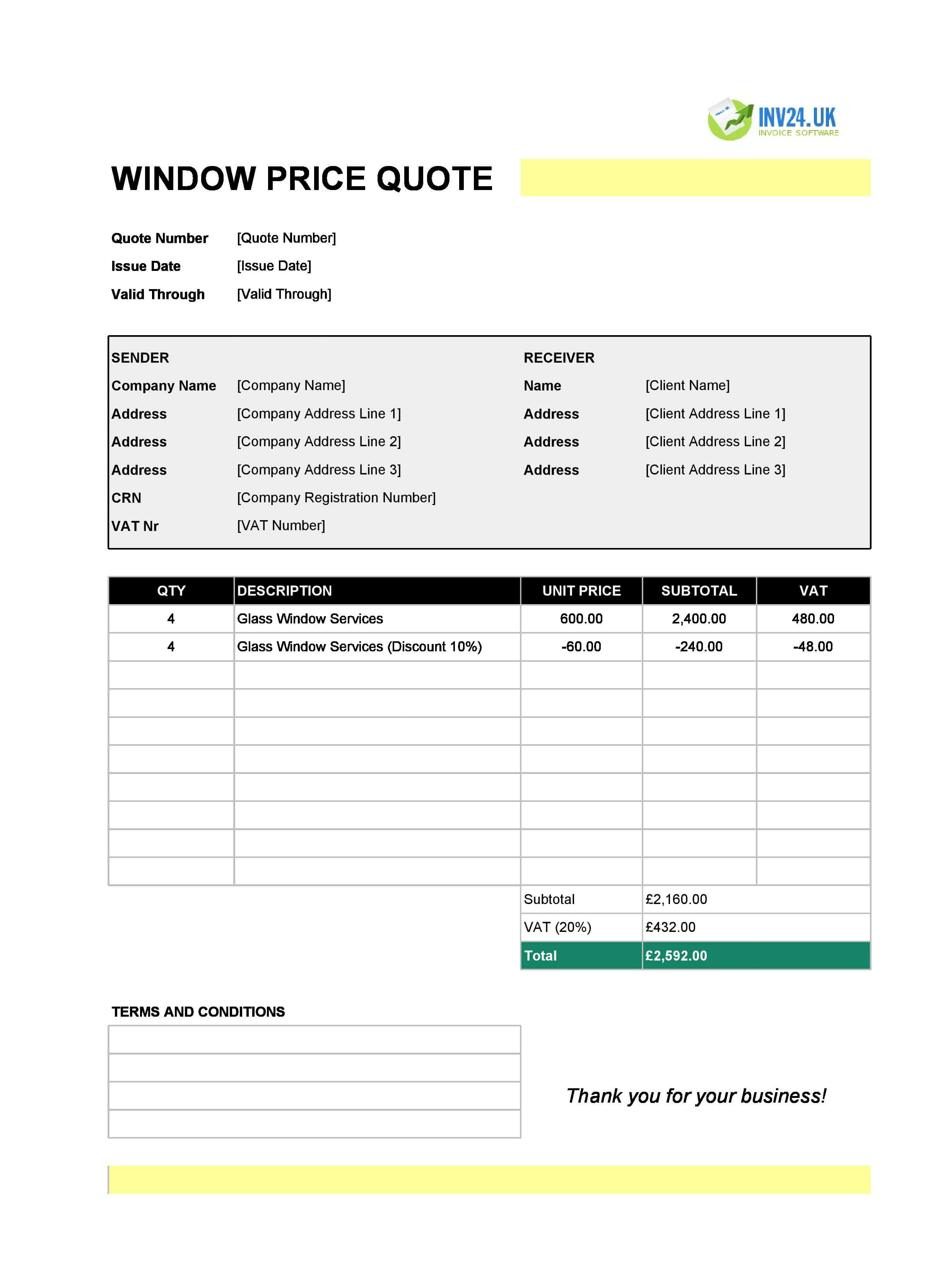 Window Quote Template for UK (Excel / Google Sheets)