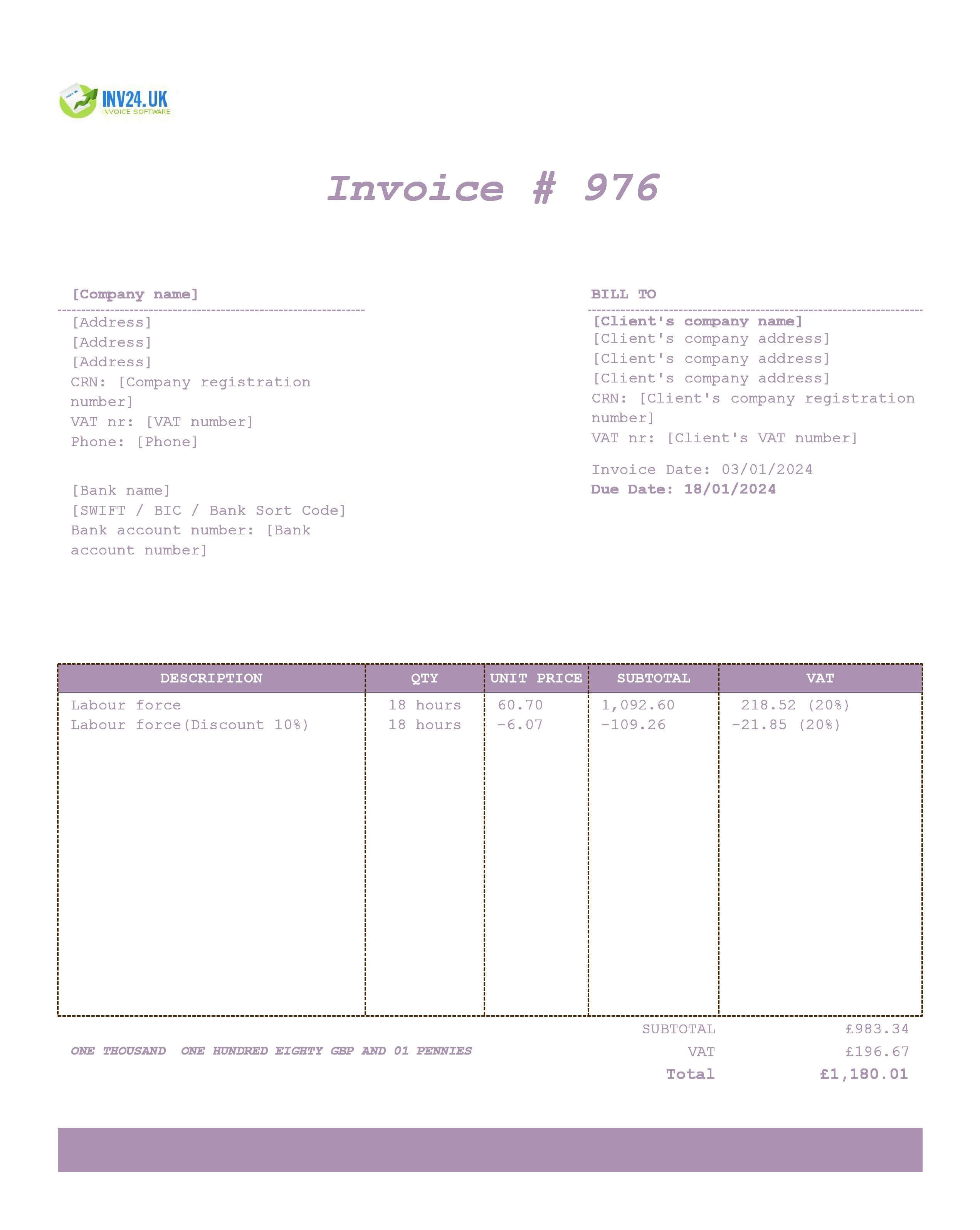 work invoice template UK