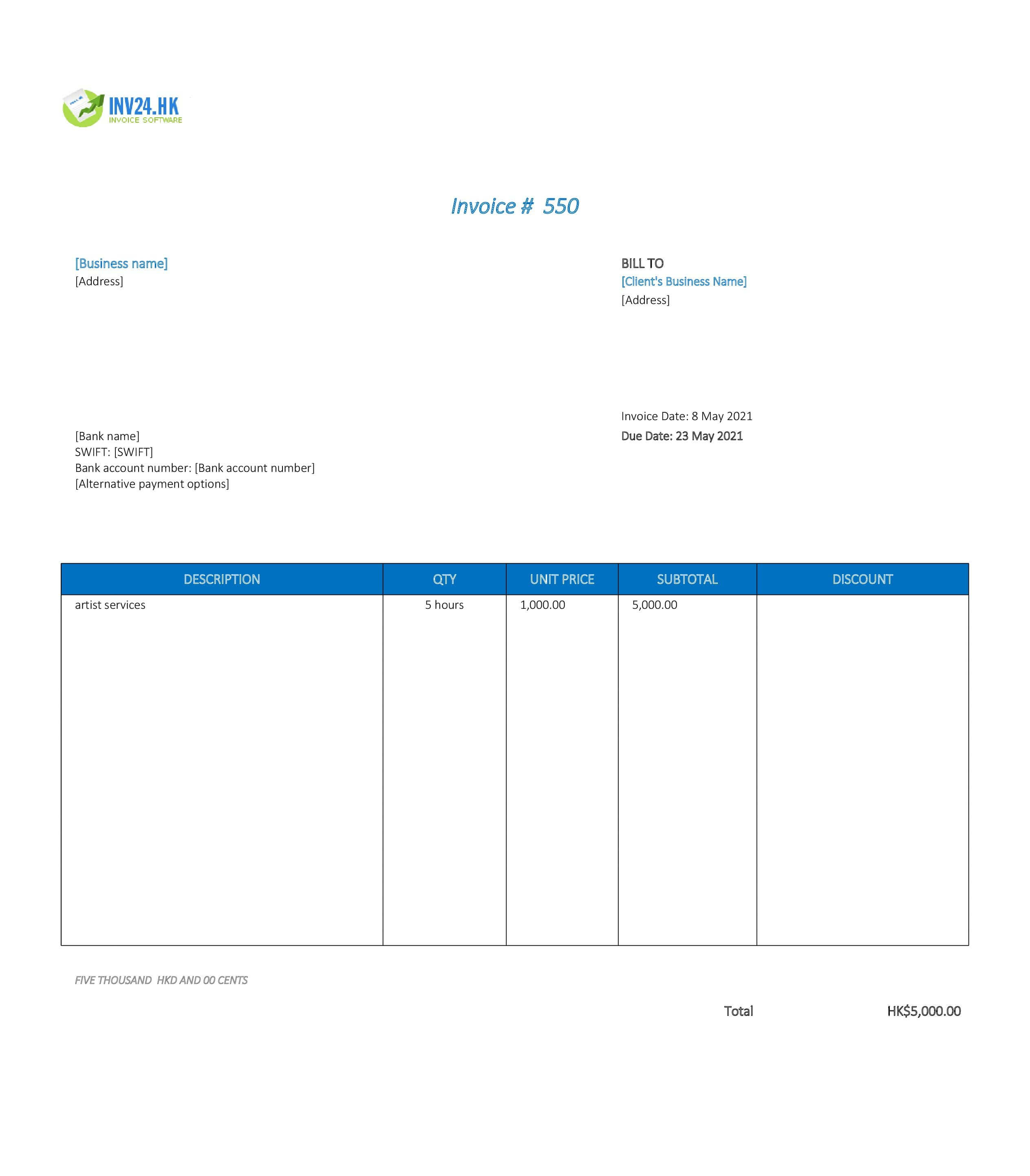 artist invoice template hk