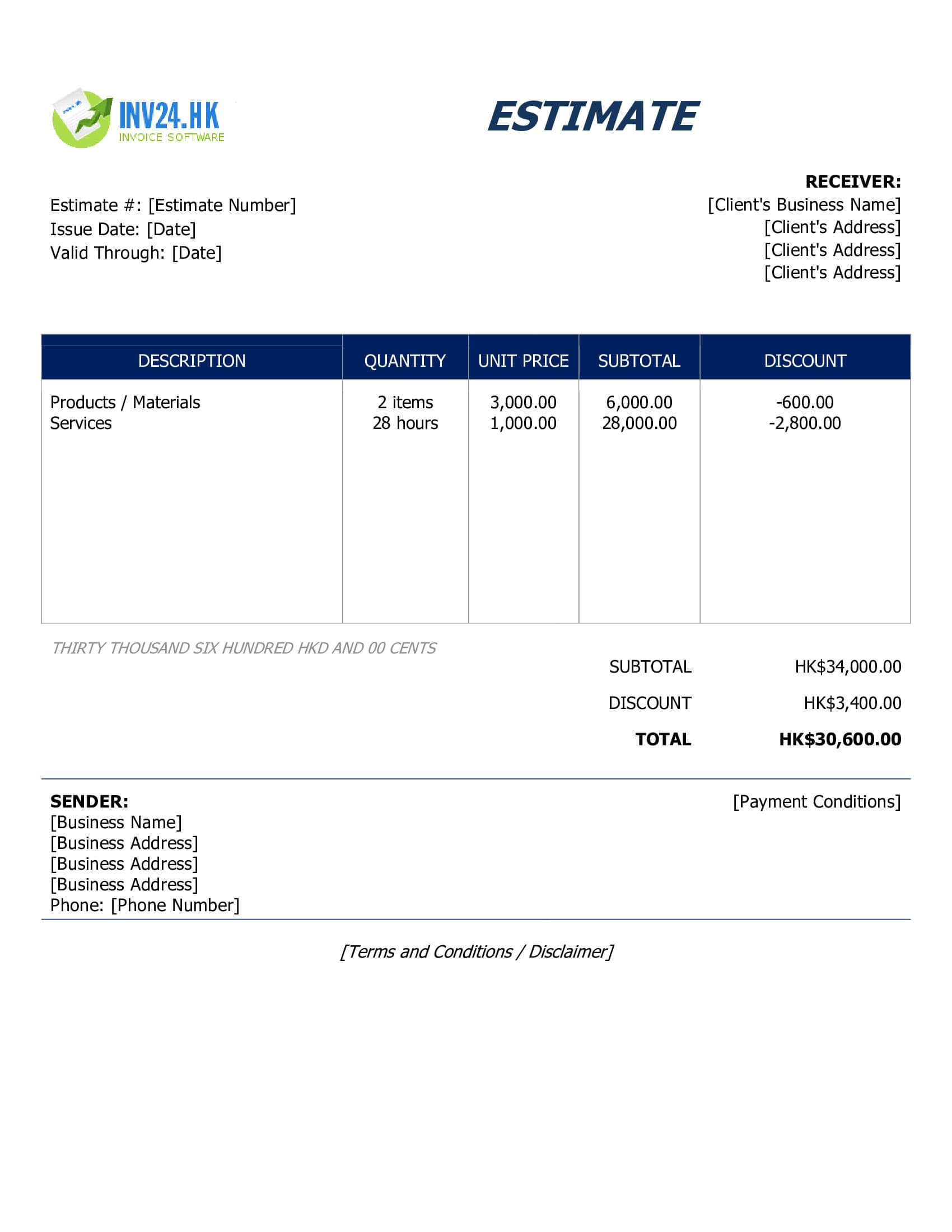 Business Estimate Template for Hong Kong (Word / Google Docs)