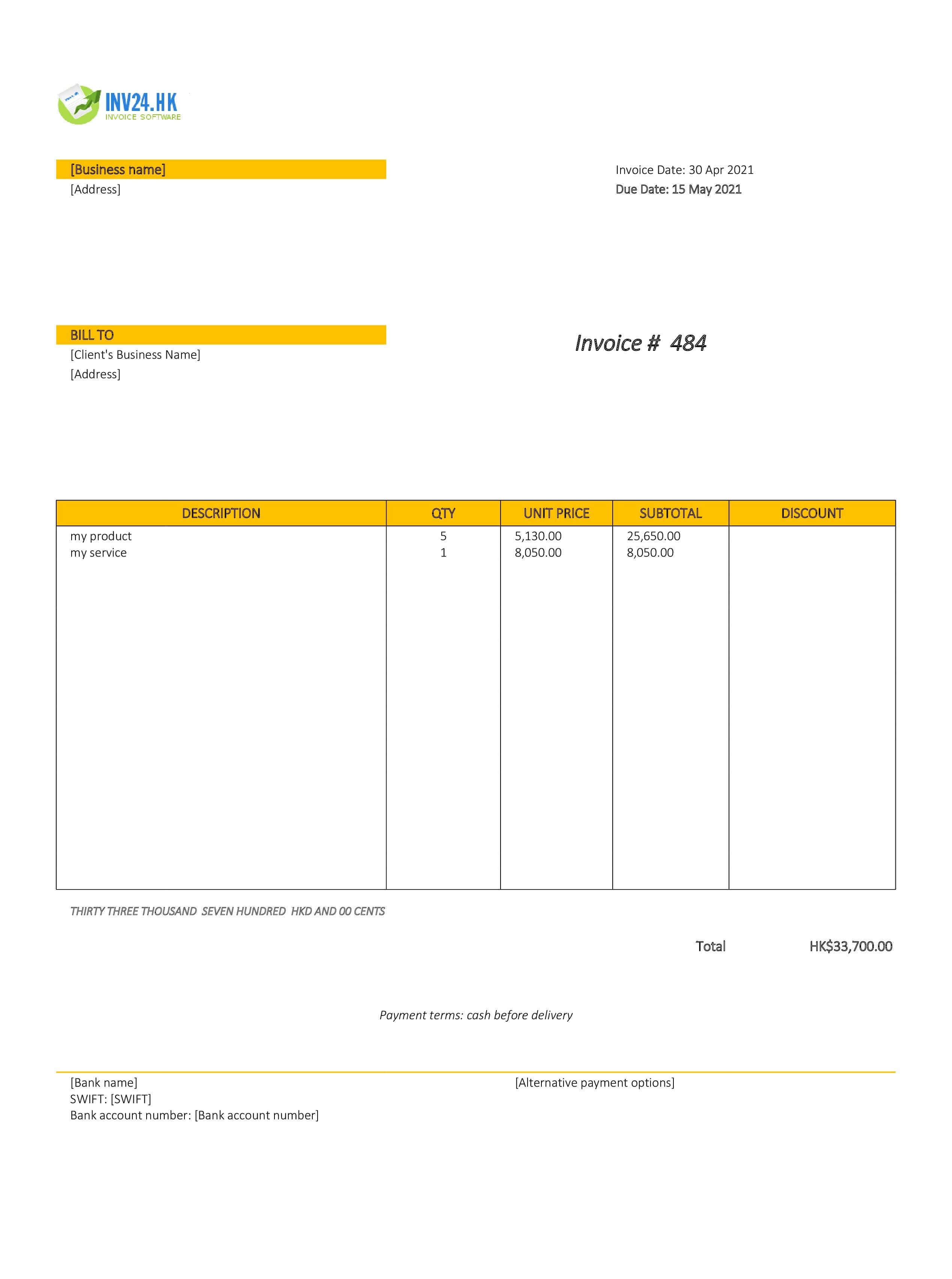 cash invoice template hk