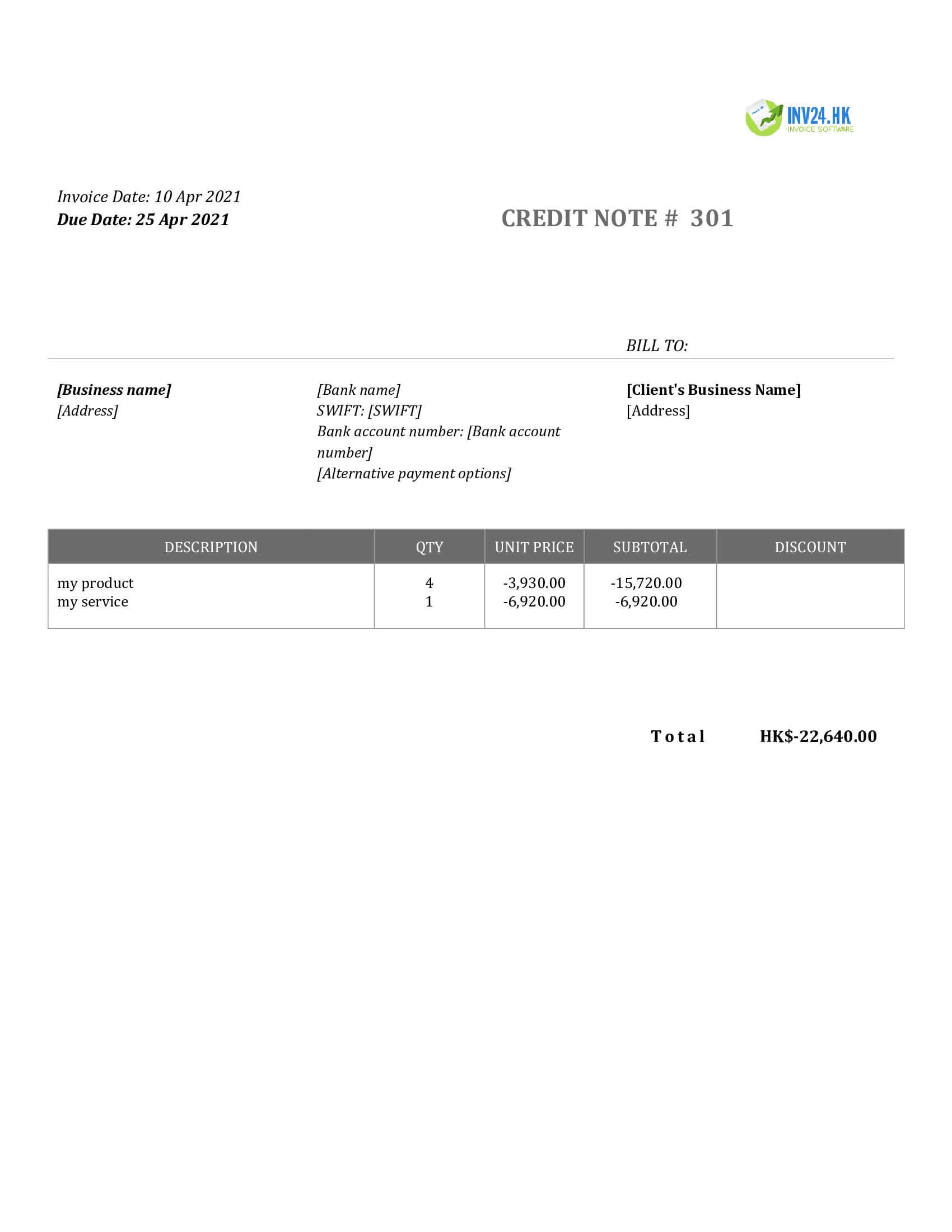 credit note template hk