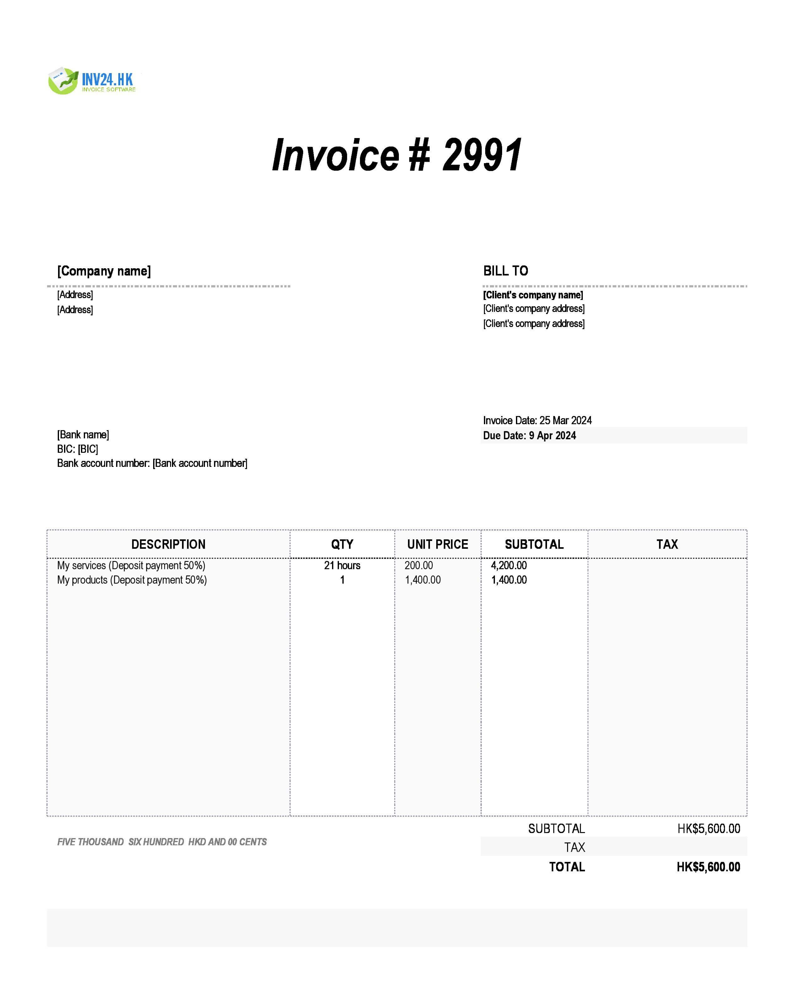 deposit invoice sample