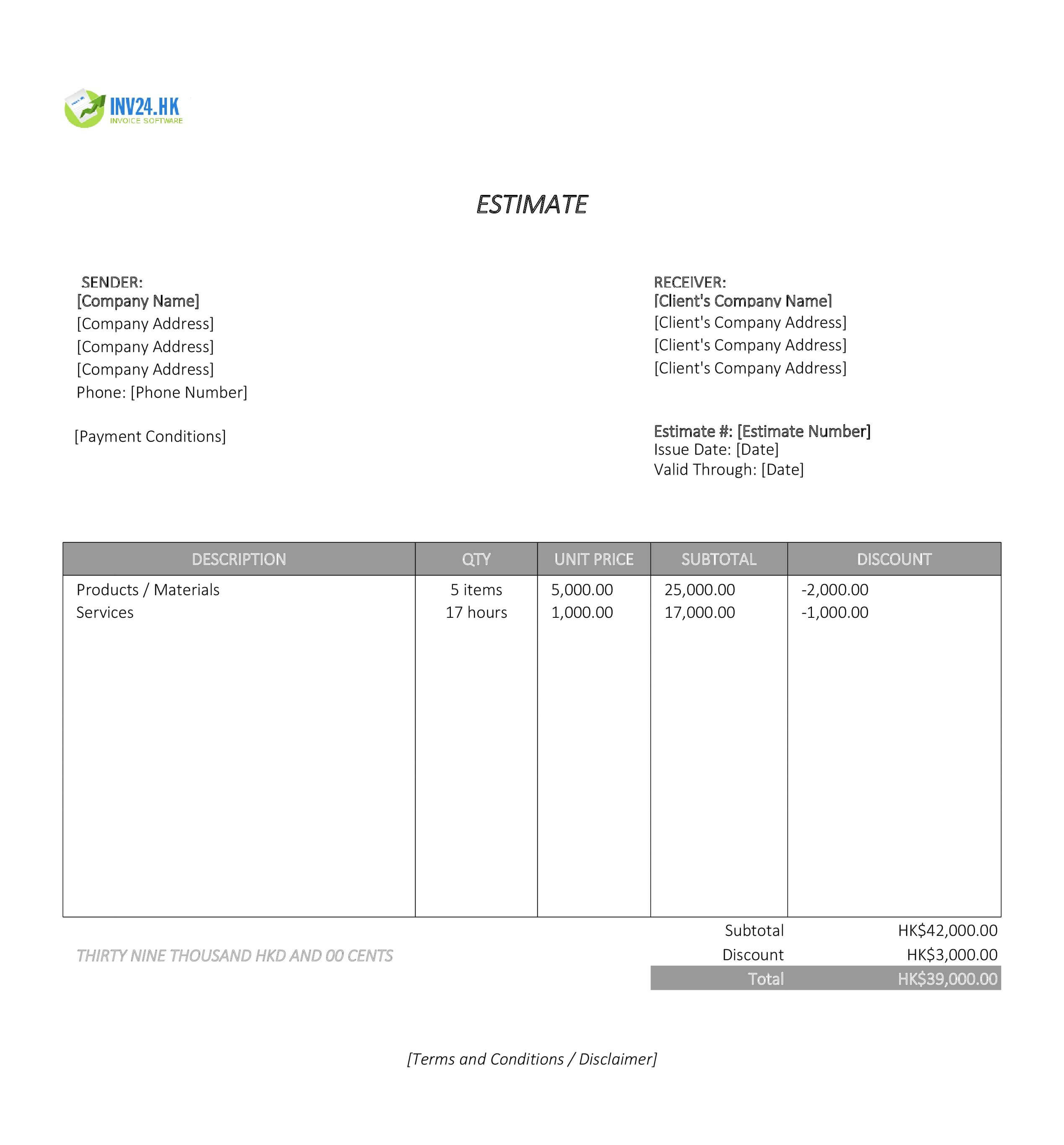Formal Estimate Template for Hong Kong (Excel / Google Sheets)