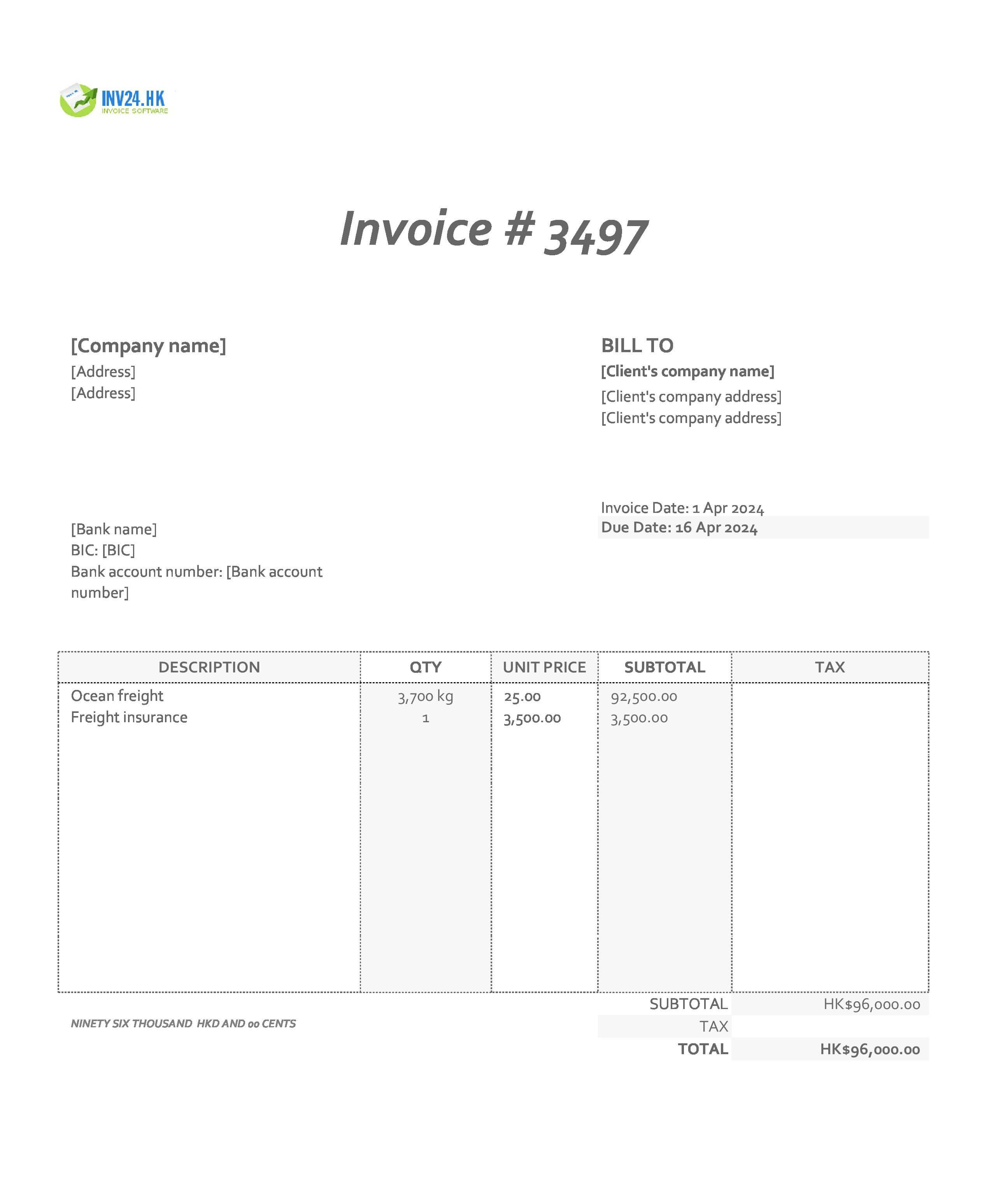 freight invoice template Hong Kong