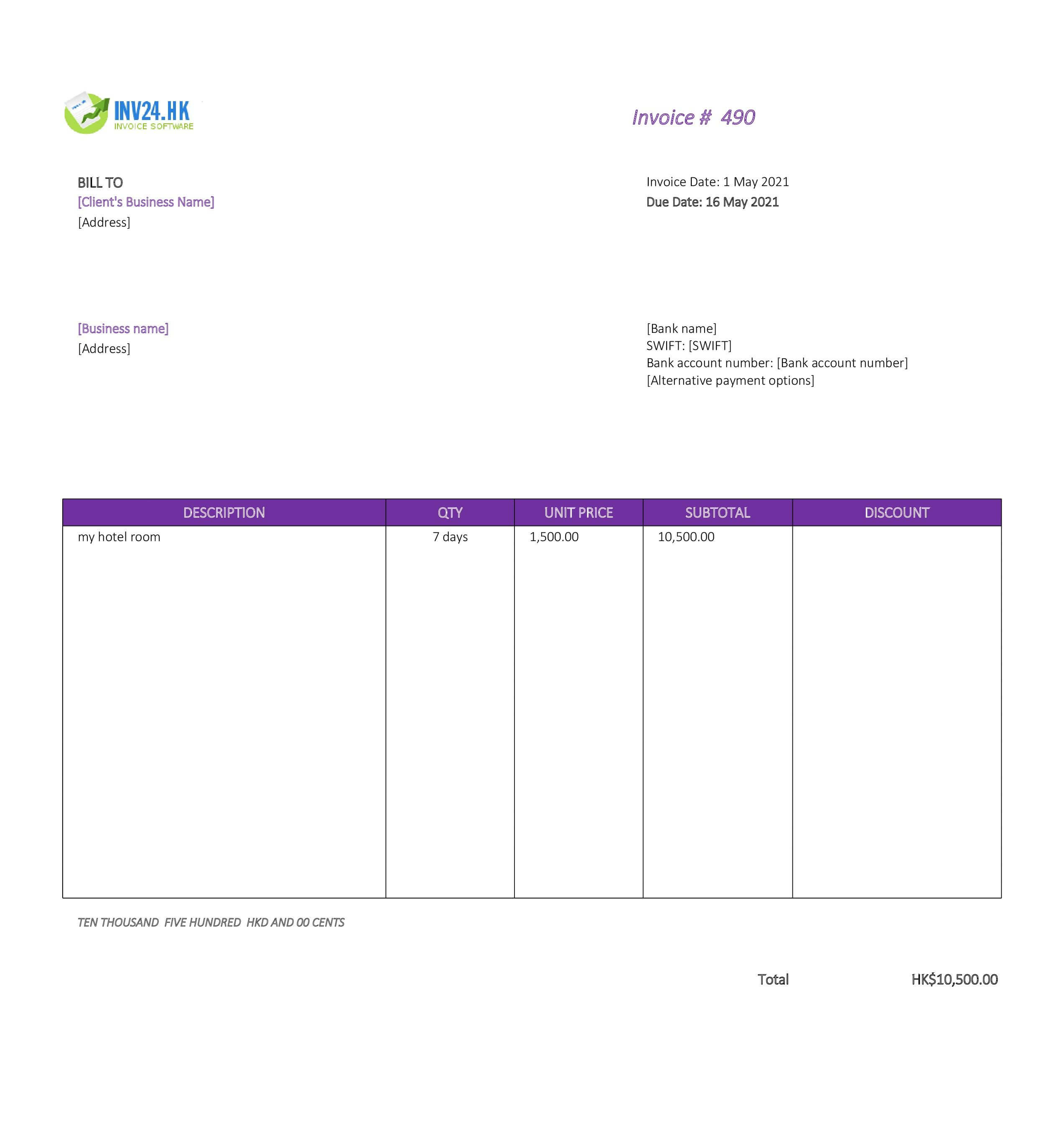 hotel invoice template hk