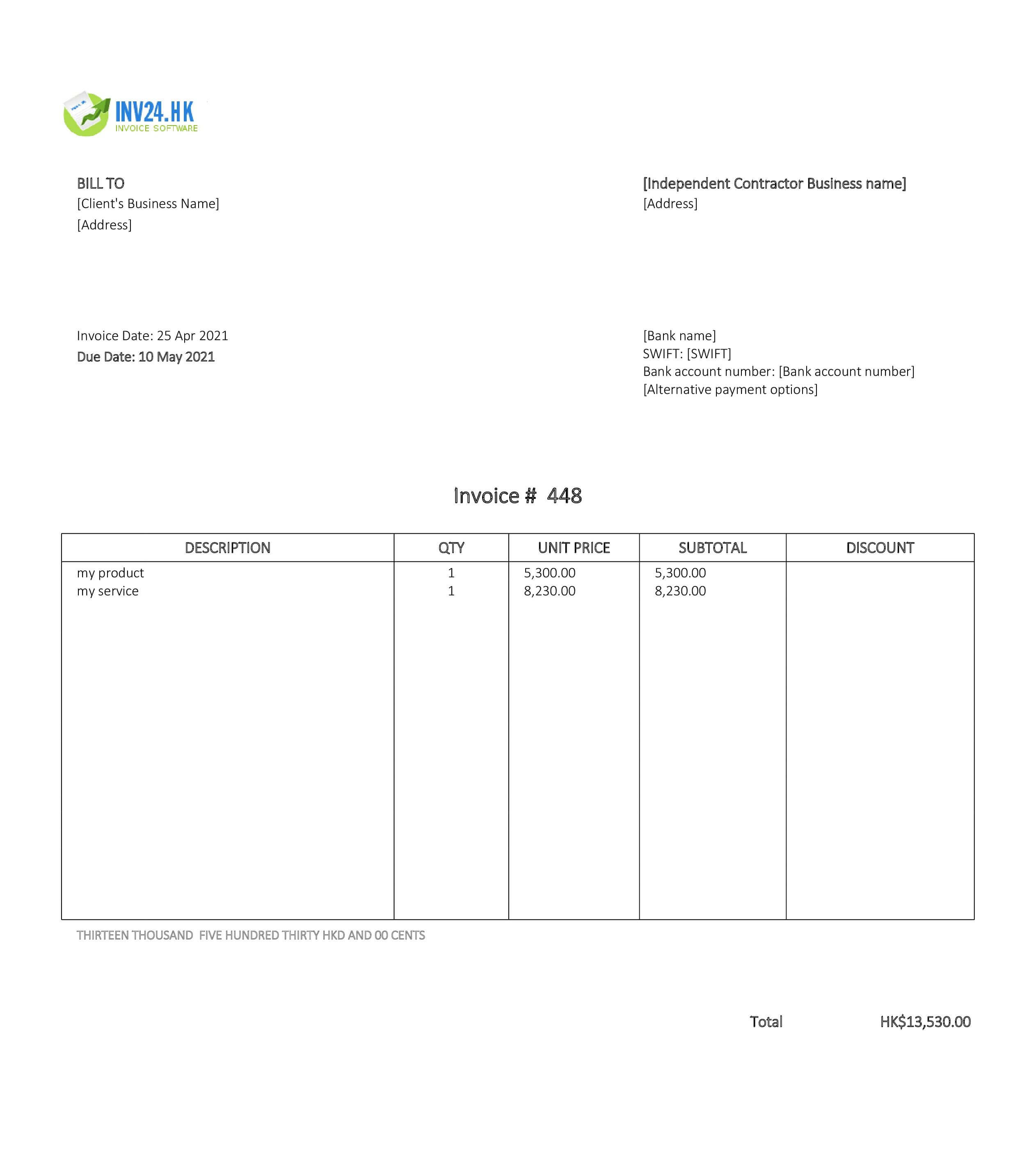 independent contractor invoice template hk