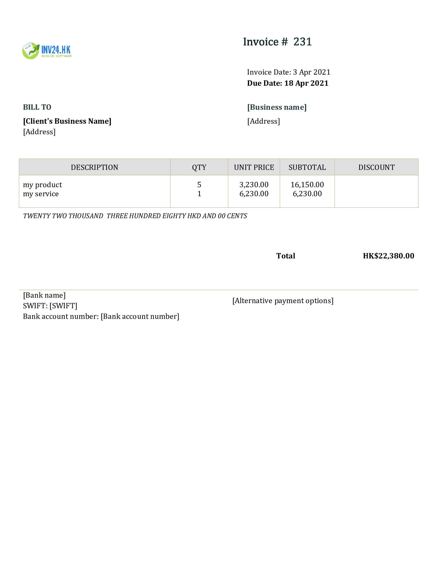 Word invoice example Hong Kong