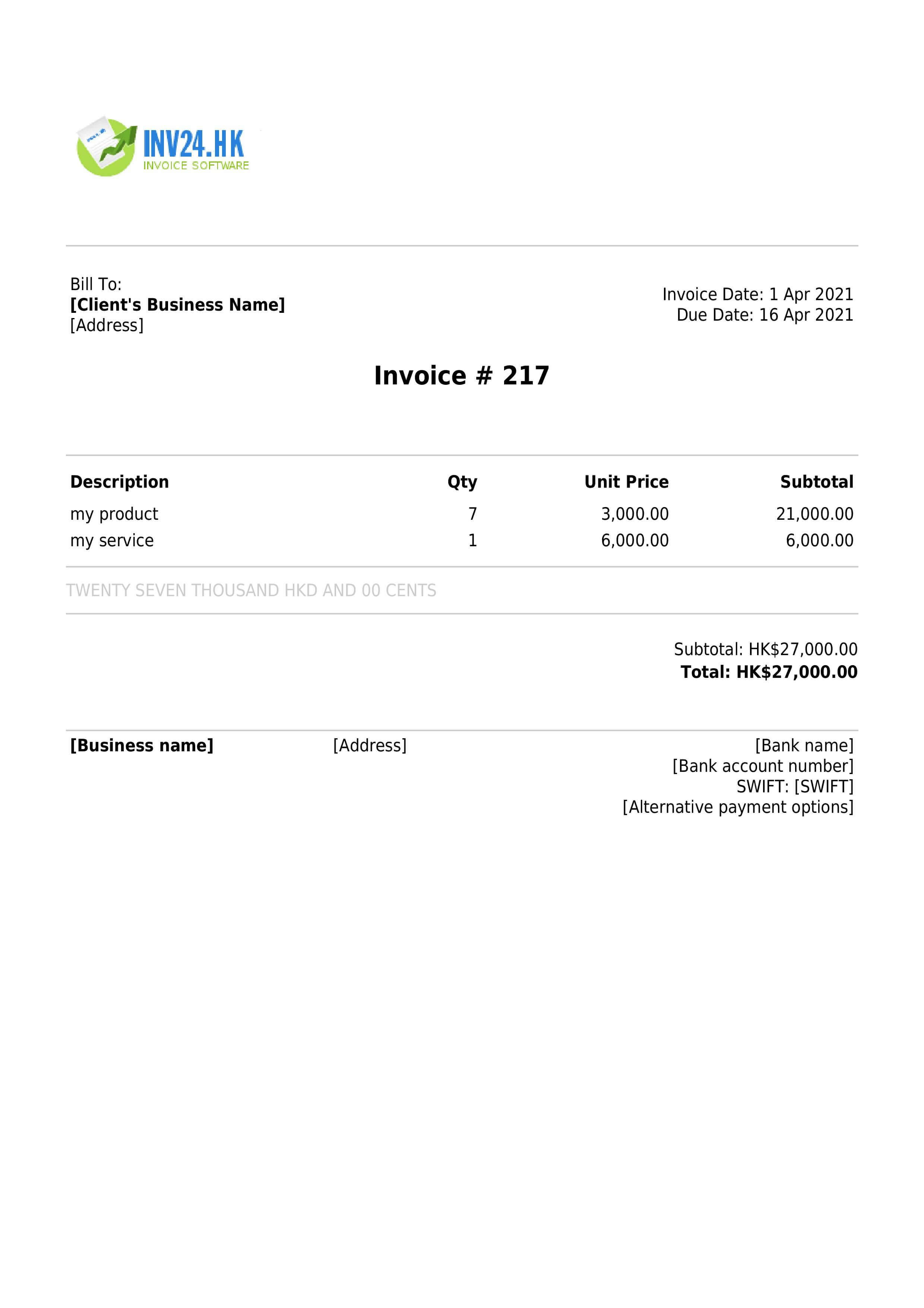 An Hong Kong invoice sample with mandatory and optional fields