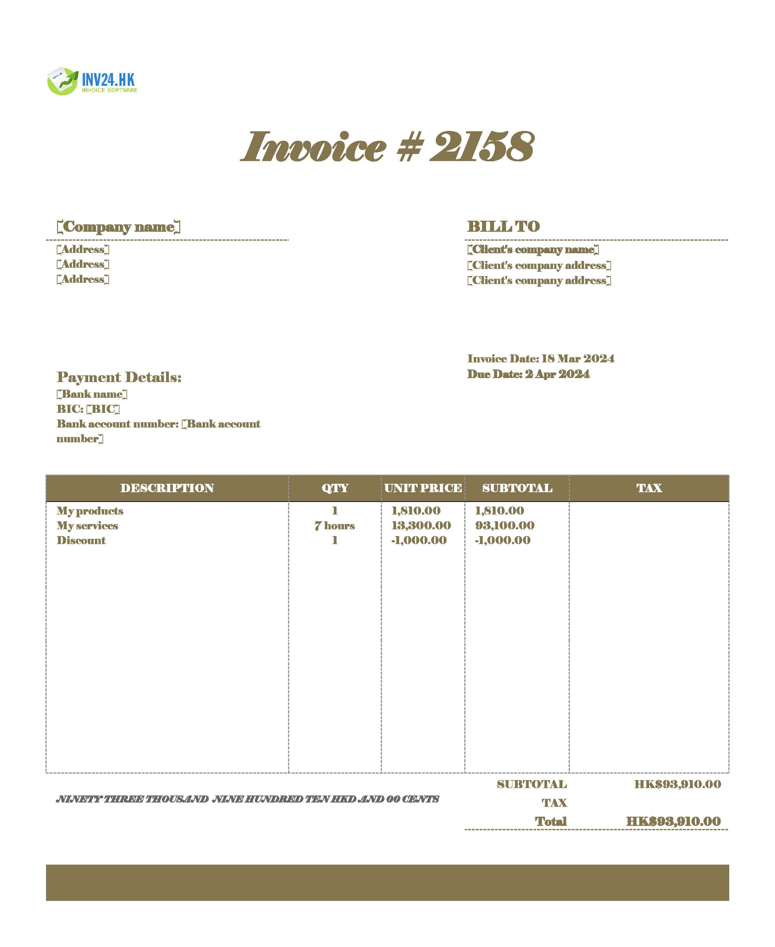 Invoice Template With Bank Details Hong Kong (Excel / Google Sheets)