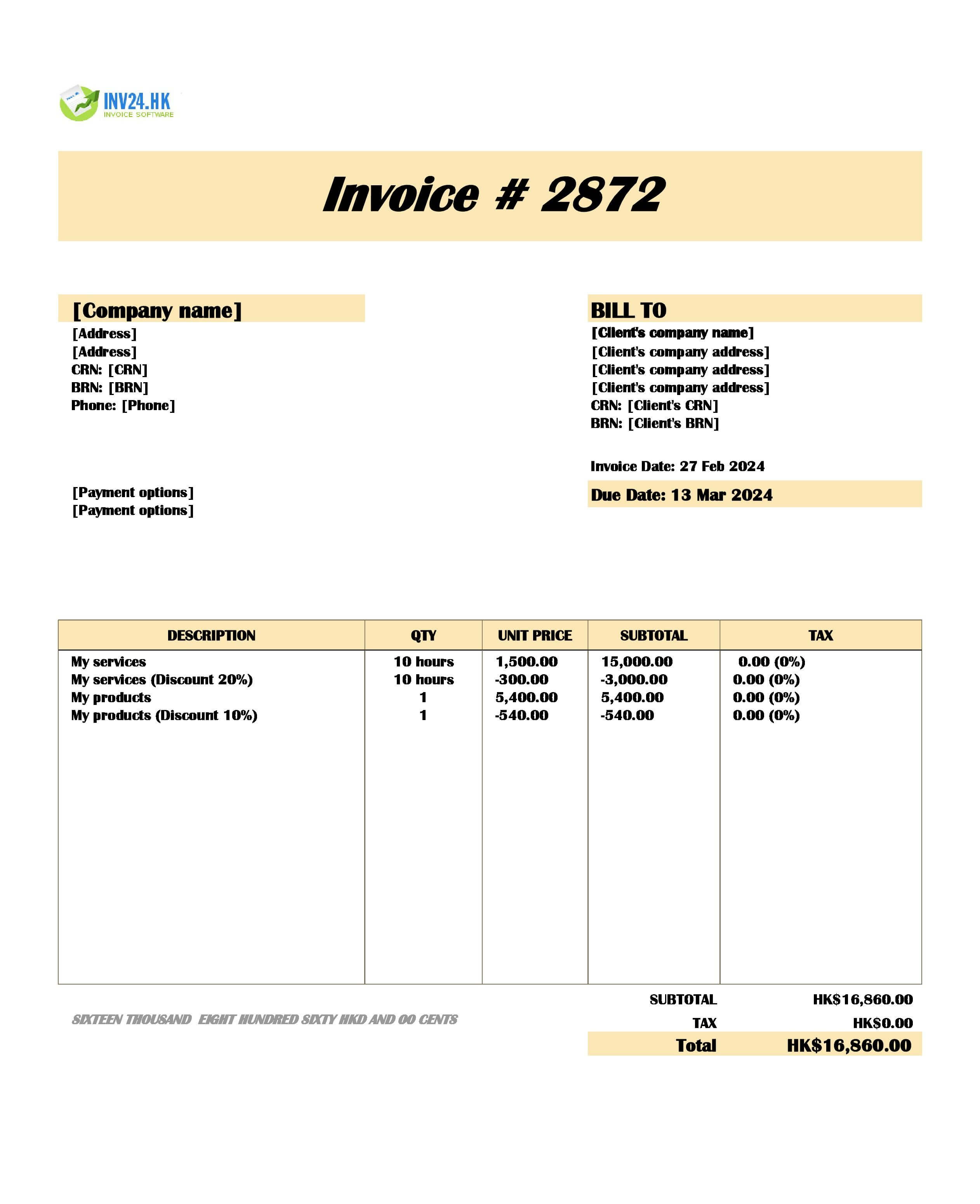 Invoice With Discount Template Hong Kong (Excel / Google Sheets)