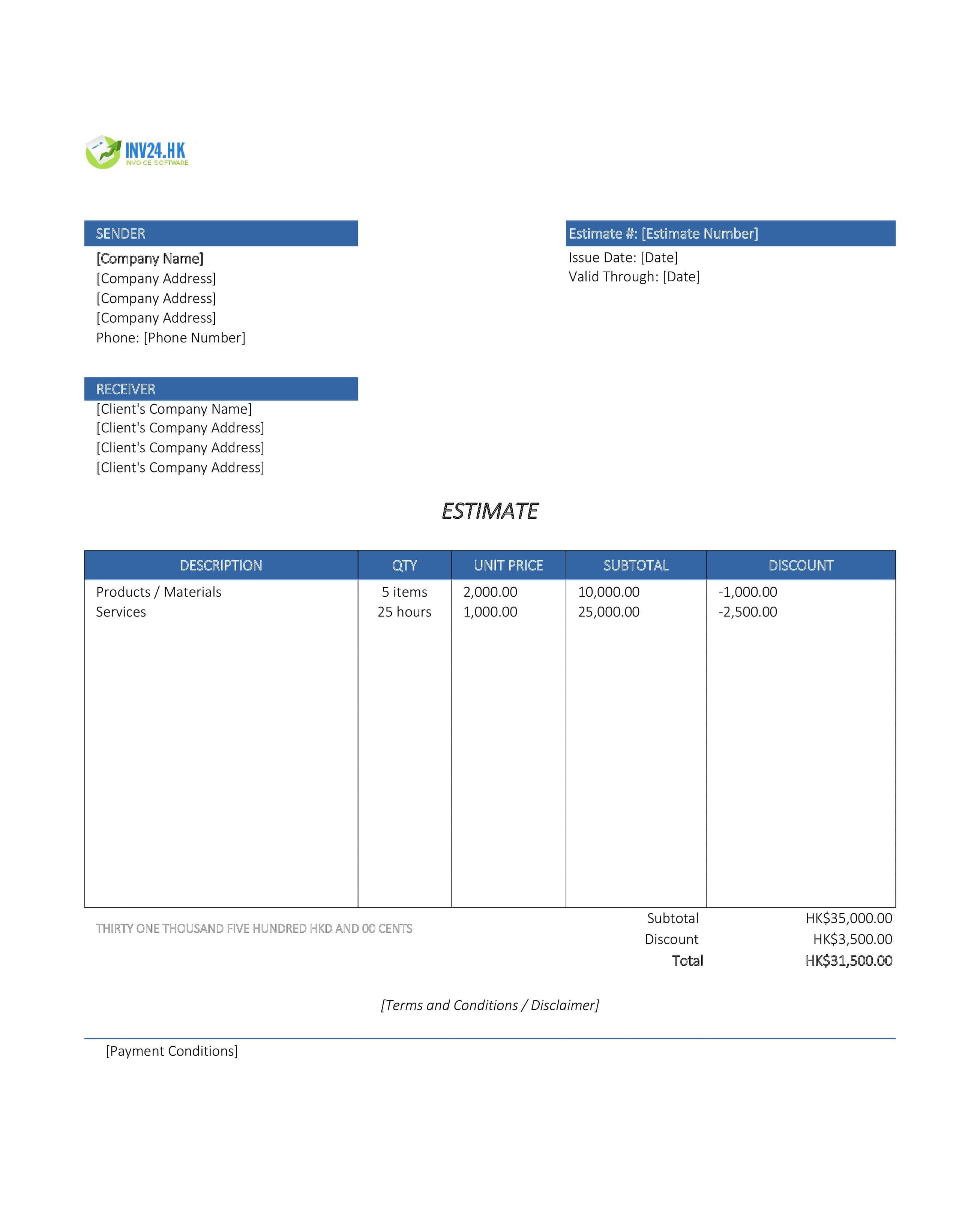 Online Estimate Template for Hong Kong (Excel / Google Sheets)